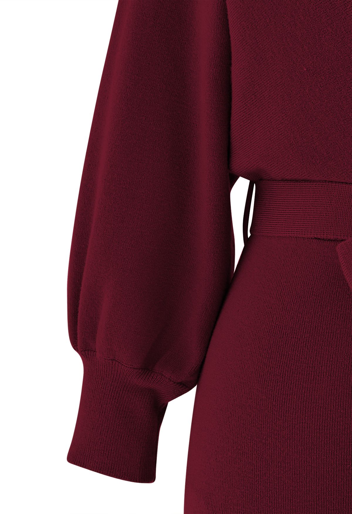 Tie Bow Two-Tone Knit Wrap Midi Dress in Burgundy