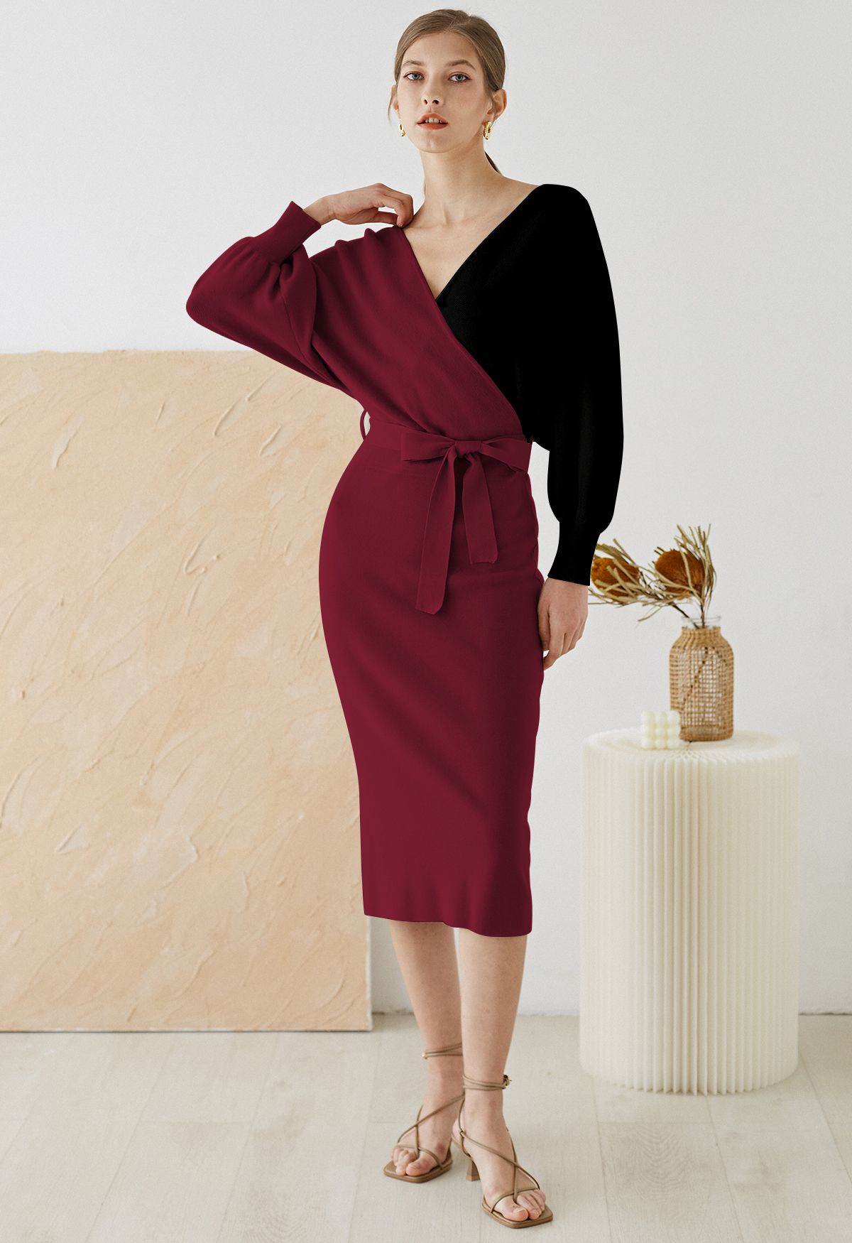 Tie Bow Two-Tone Knit Wrap Midi Dress in Burgundy