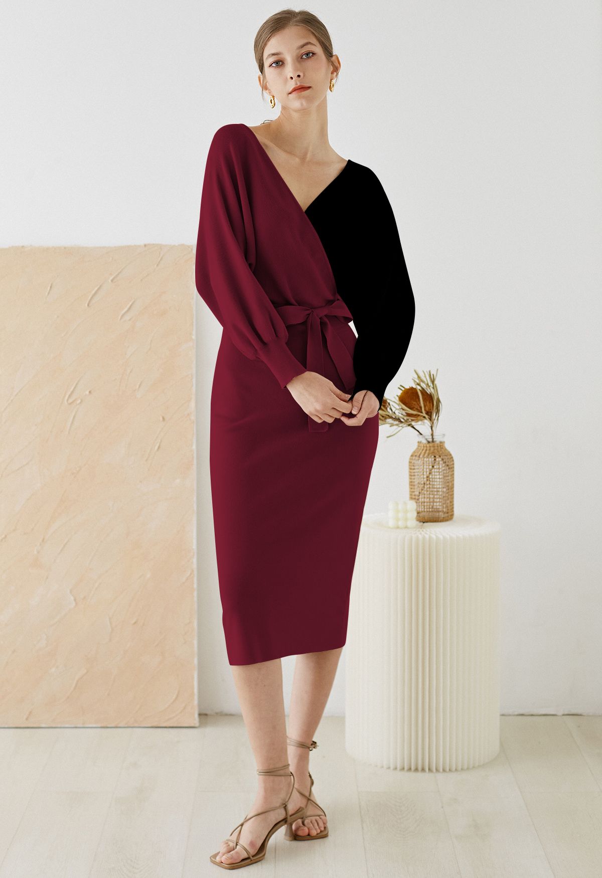 Tie Bow Two-Tone Knit Wrap Midi Dress in Burgundy