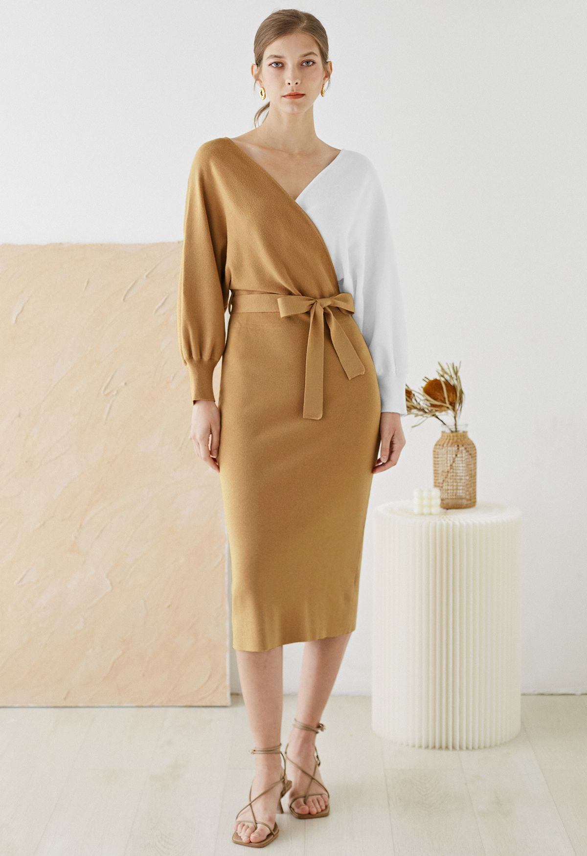 Tie Bow Two-Tone Knit Wrap Midi Dress in Caramel