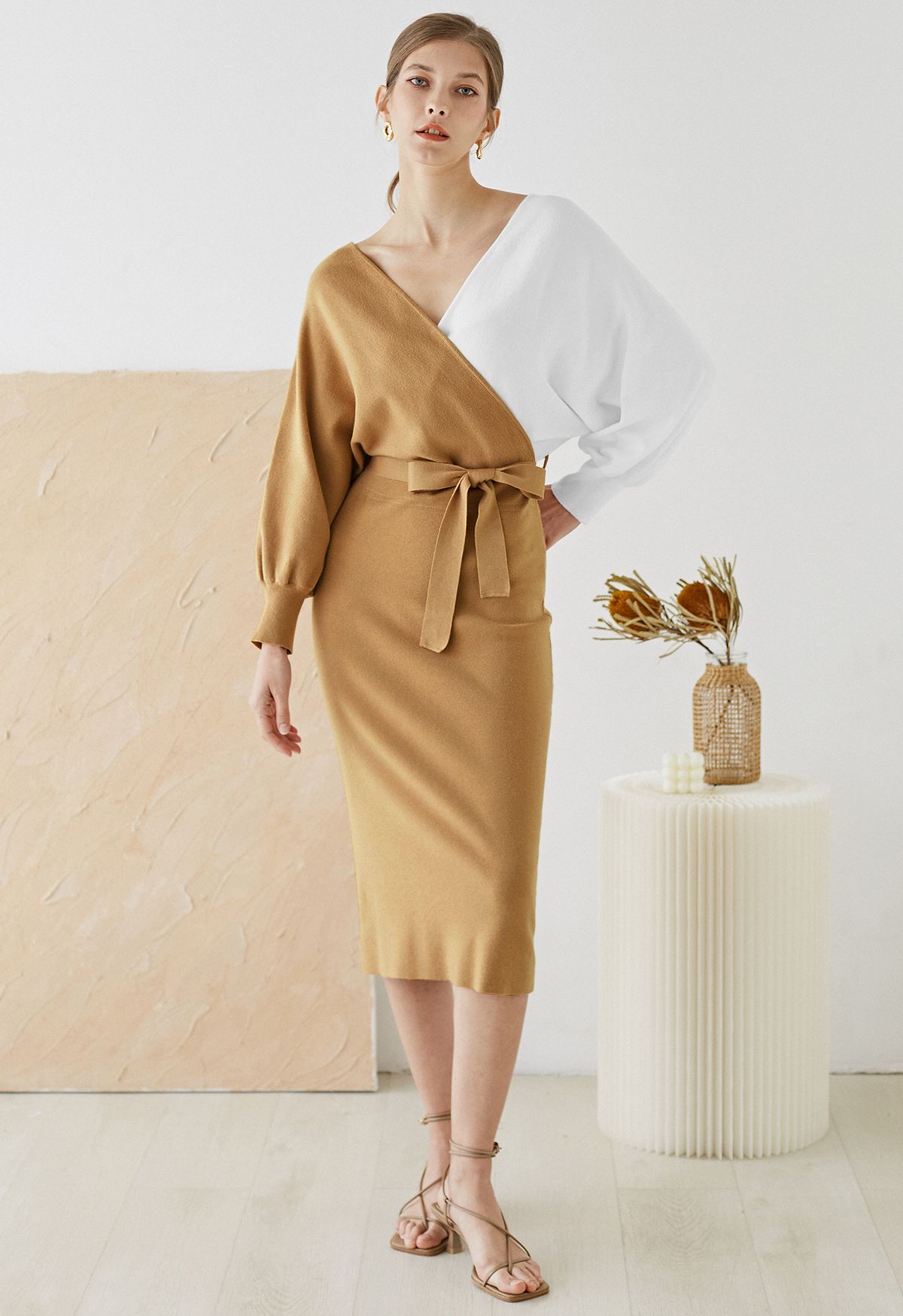 Tie Bow Two-Tone Knit Wrap Midi Dress in Caramel