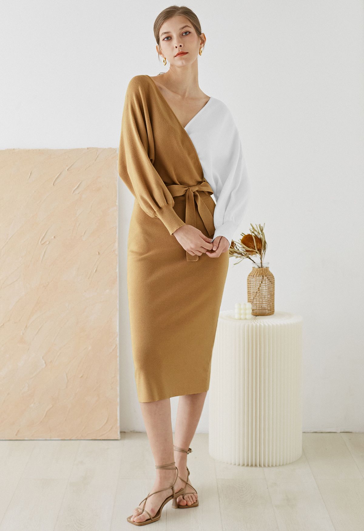 Tie Bow Two-Tone Knit Wrap Midi Dress in Caramel