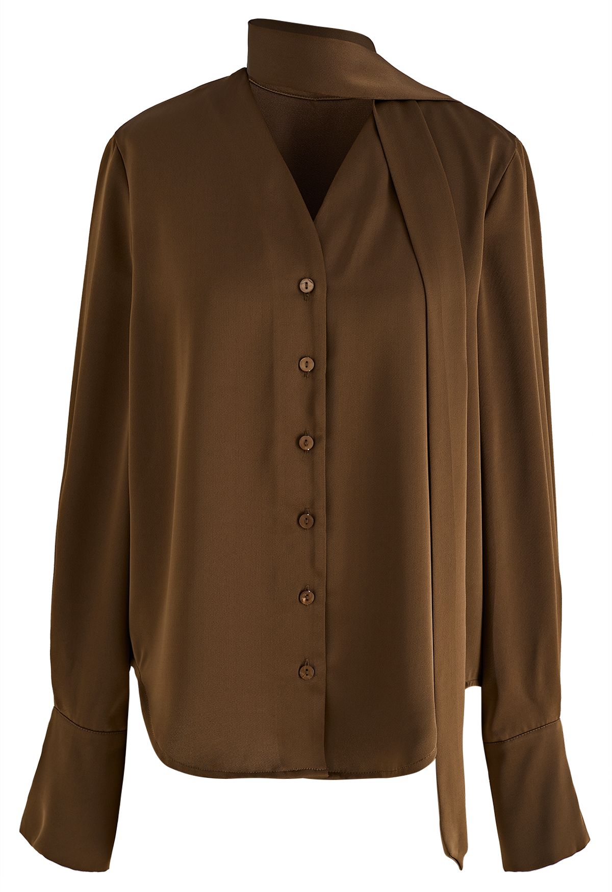 Ribbon V-Neck Split Cuffs Satin Shirt in Brown