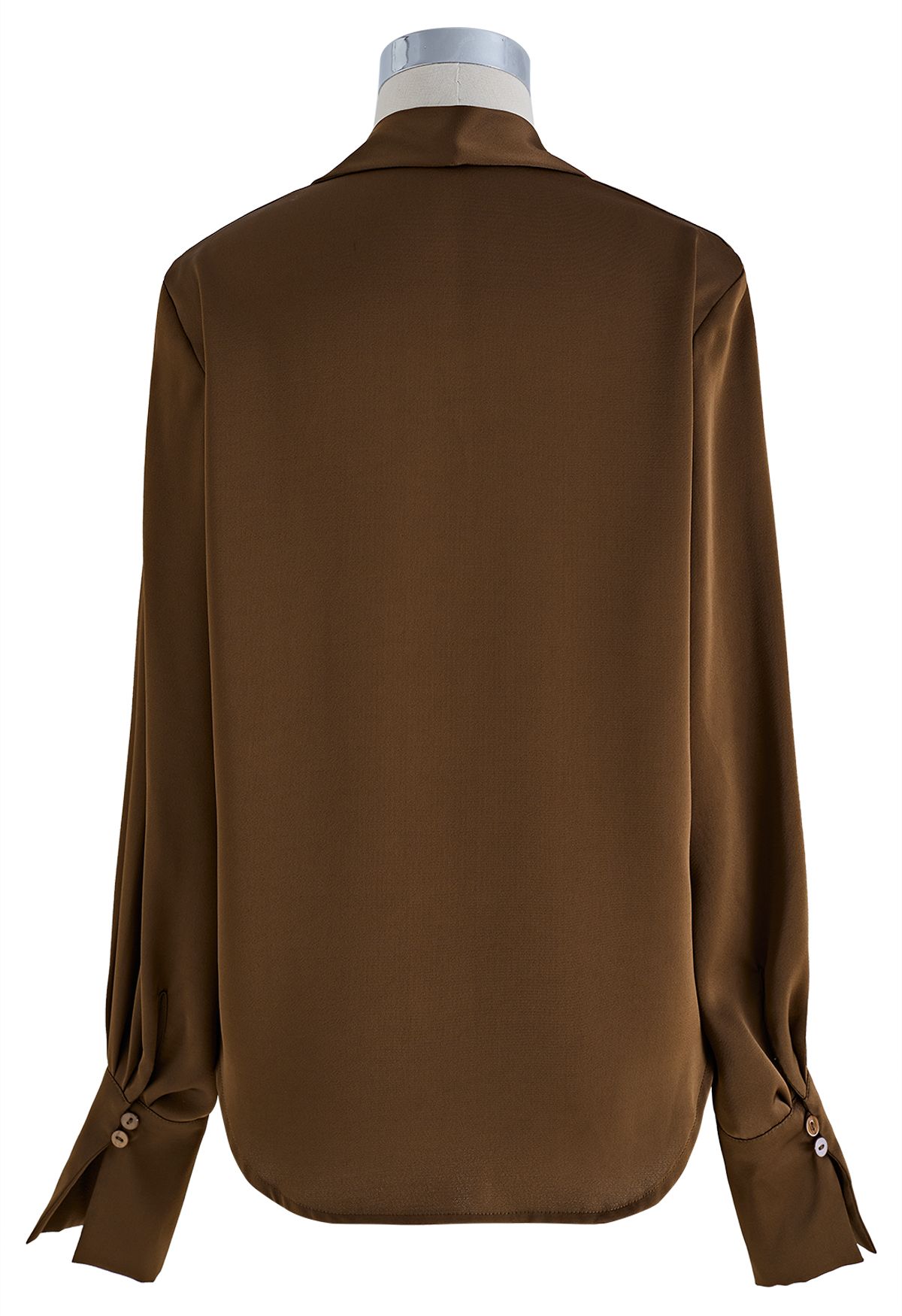 Ribbon V-Neck Split Cuffs Satin Shirt in Brown