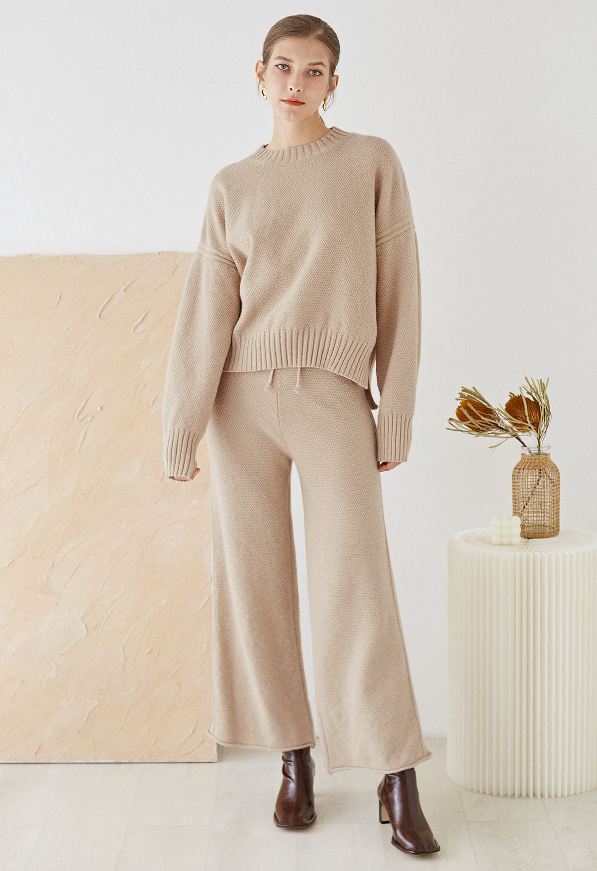 Waffle Knit Hi-Lo Sweater and Wide Leg Pants Set in Camel - Retro, Indie  and Unique Fashion