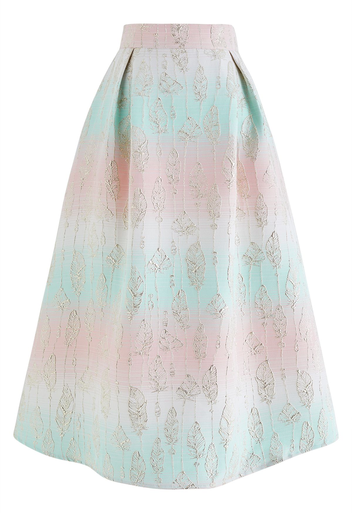 Falling Leaves Jacquard A-Line Midi Skirt in Mint