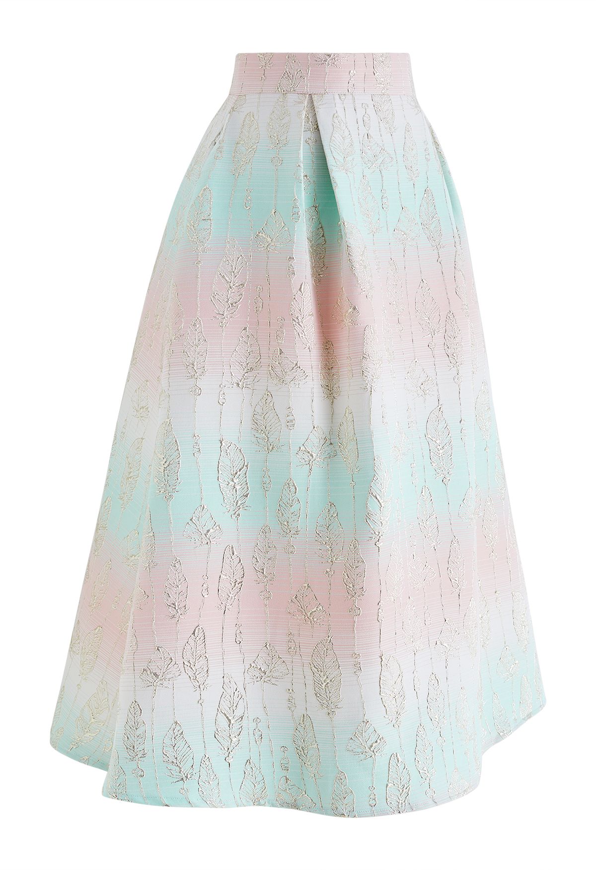 Falling Leaves Jacquard A-Line Midi Skirt in Mint