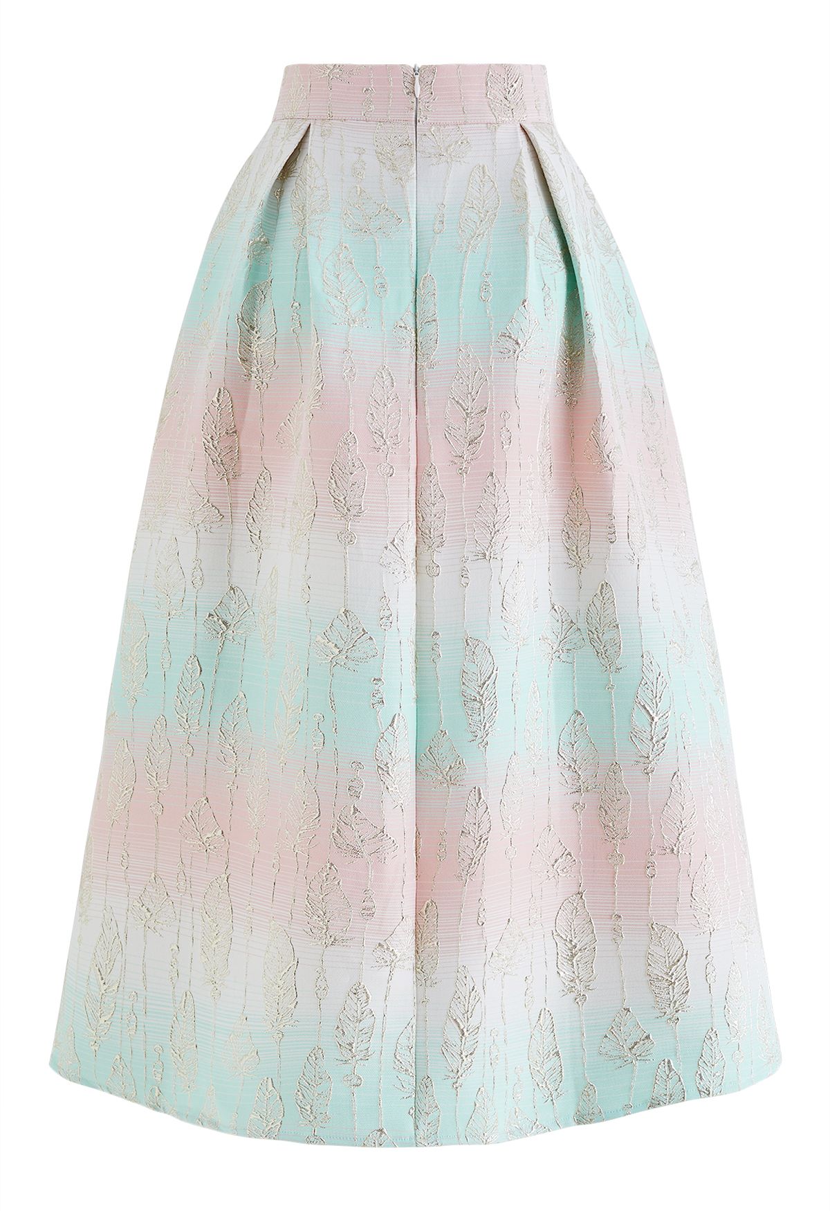 Falling Leaves Jacquard A-Line Midi Skirt in Mint