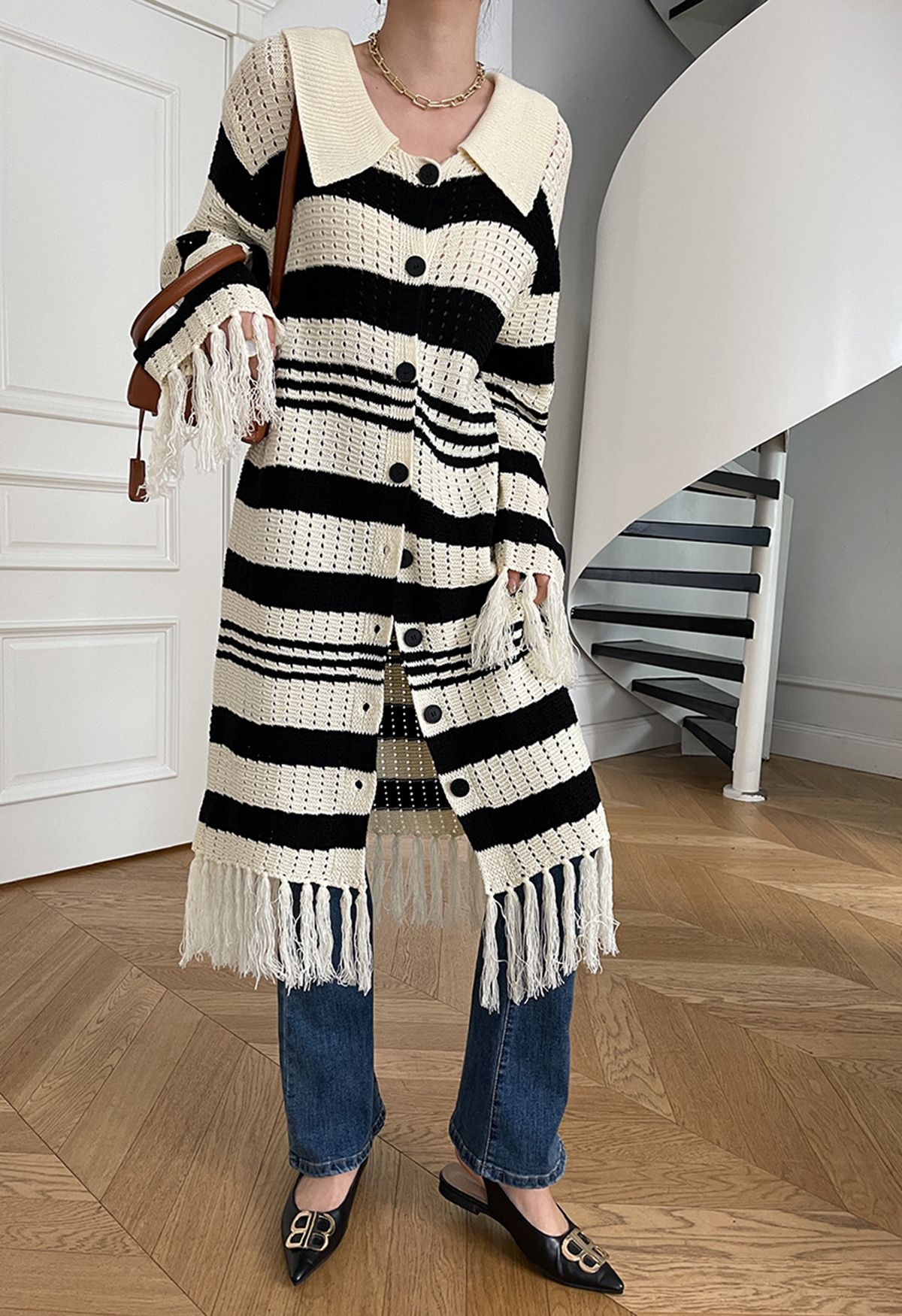 Pointelle Tassel Trim Striped Longline Cardigan