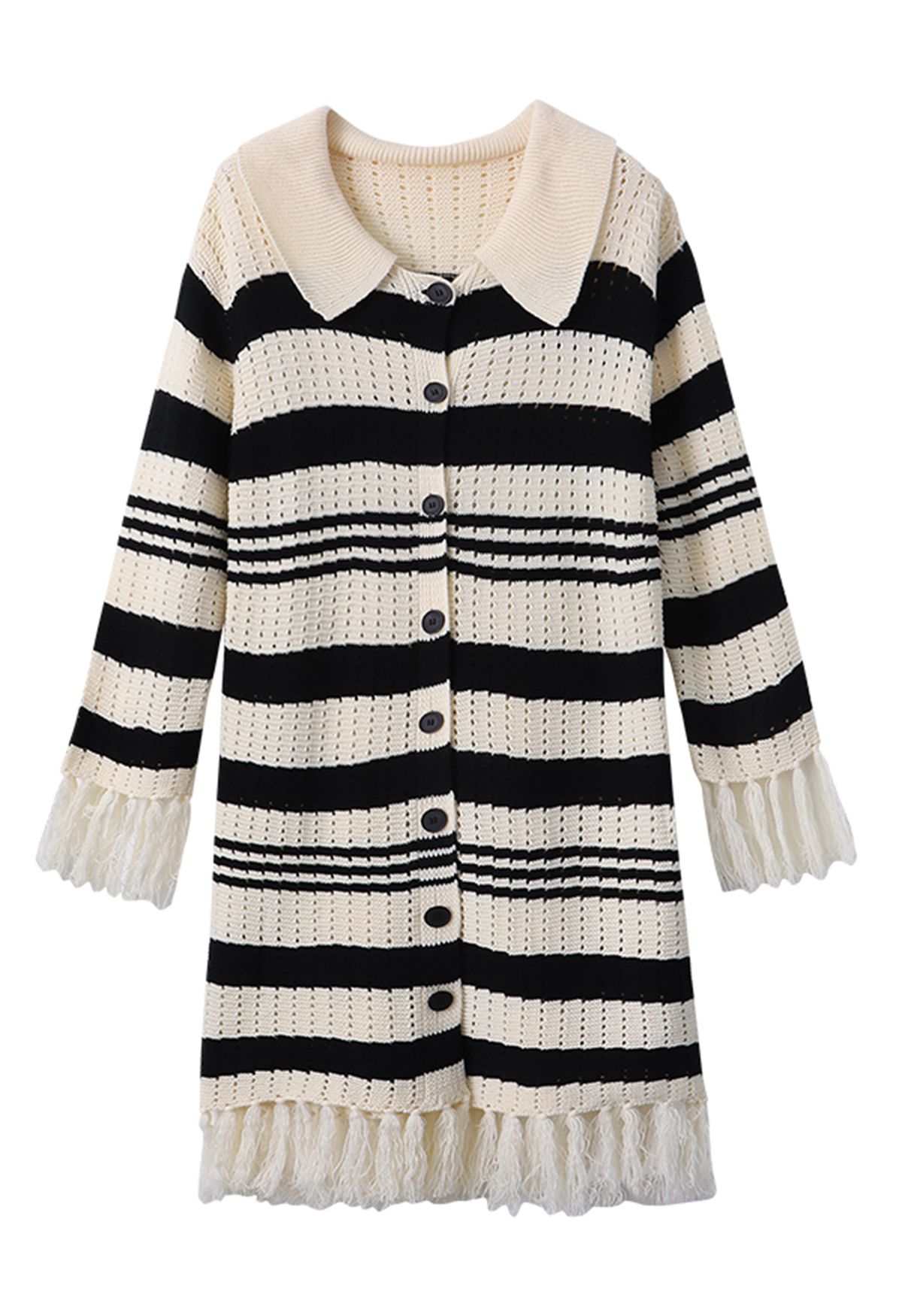 Pointelle Tassel Trim Striped Longline Cardigan