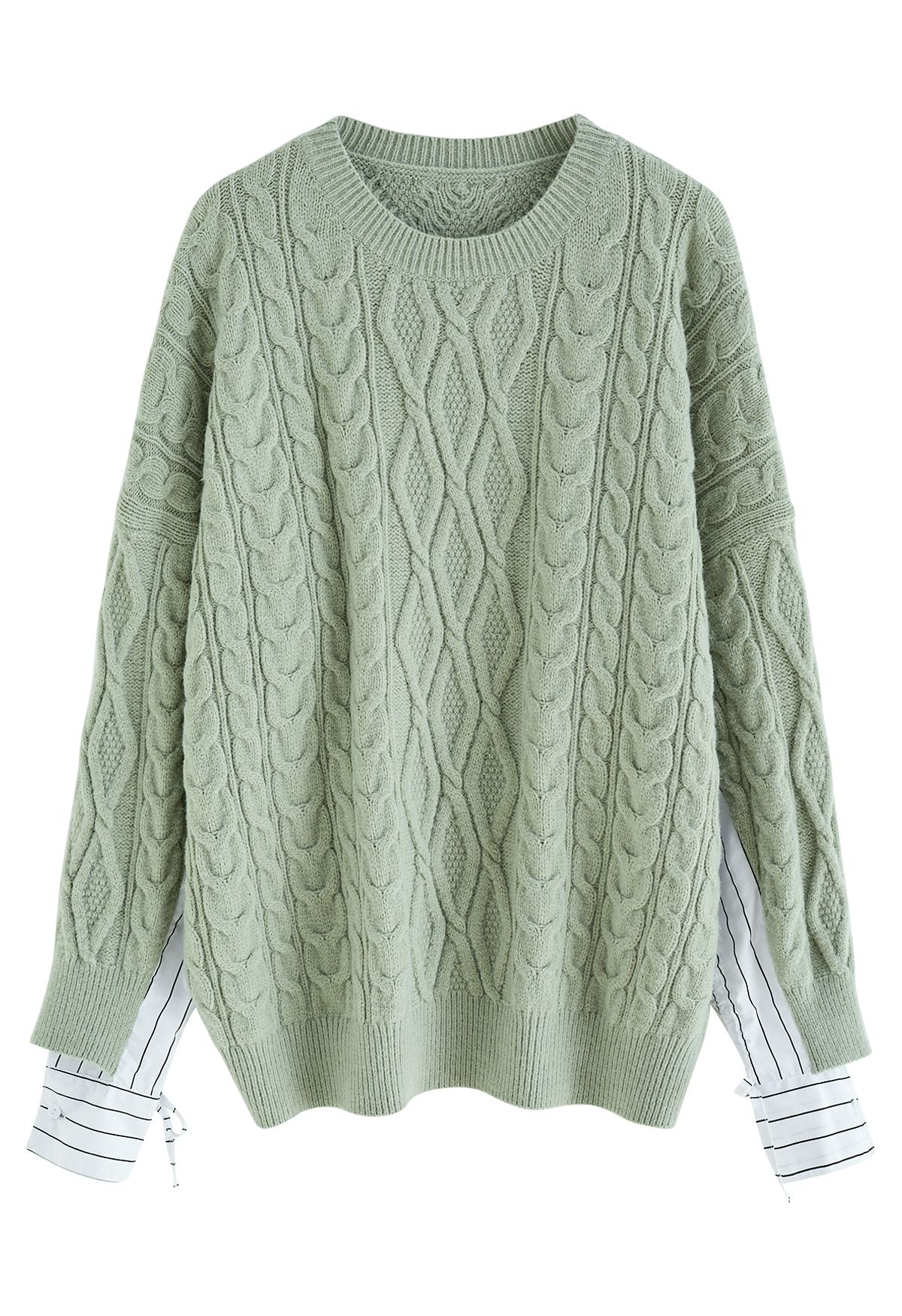 Splicing Cuffs Braided Knit Sweater in Pea Green