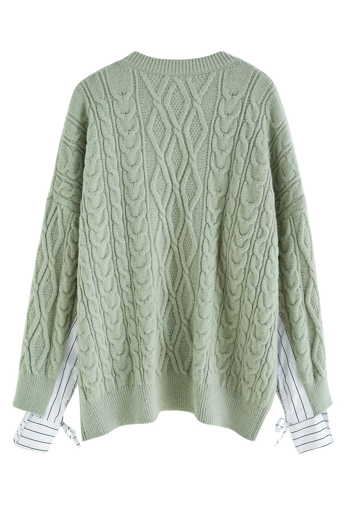 Splicing Cuffs Braided Knit Sweater in Pea Green