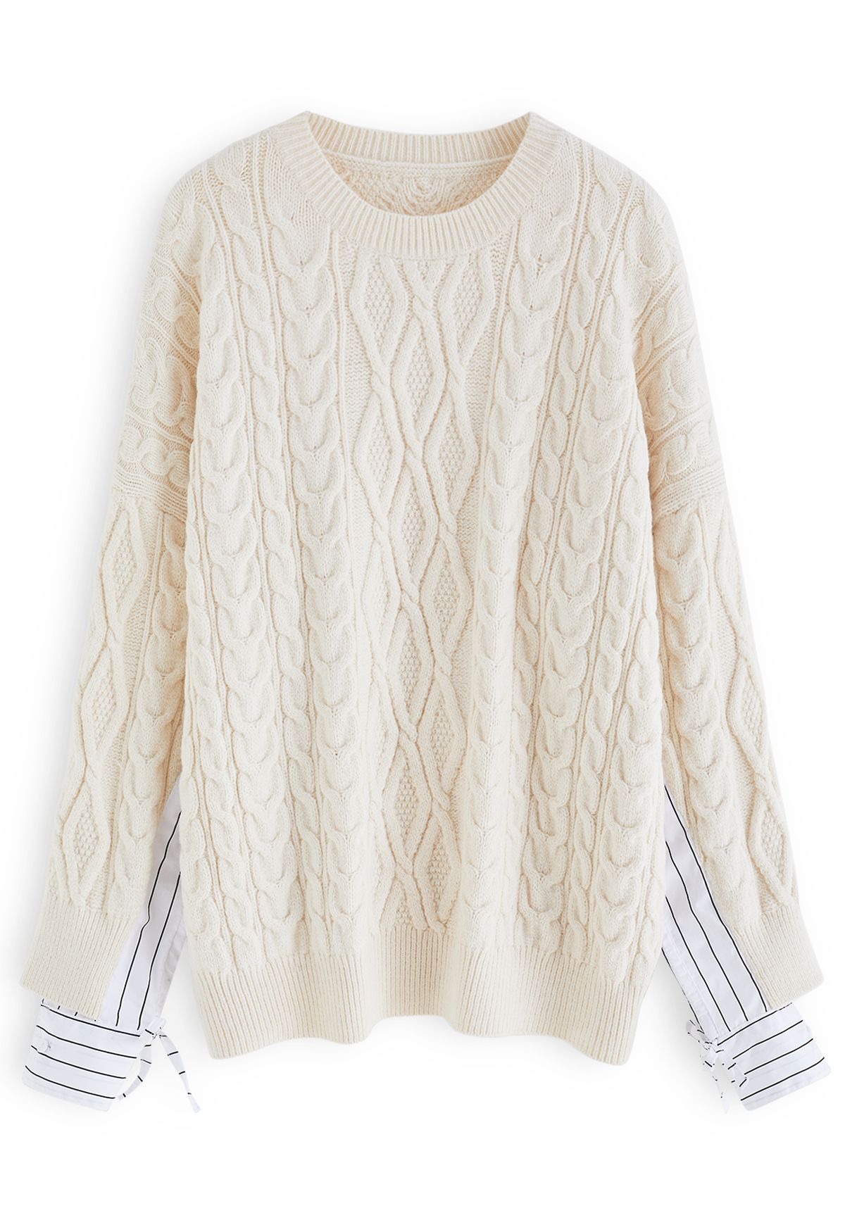 Splicing Cuffs Braided Knit Sweater in Cream