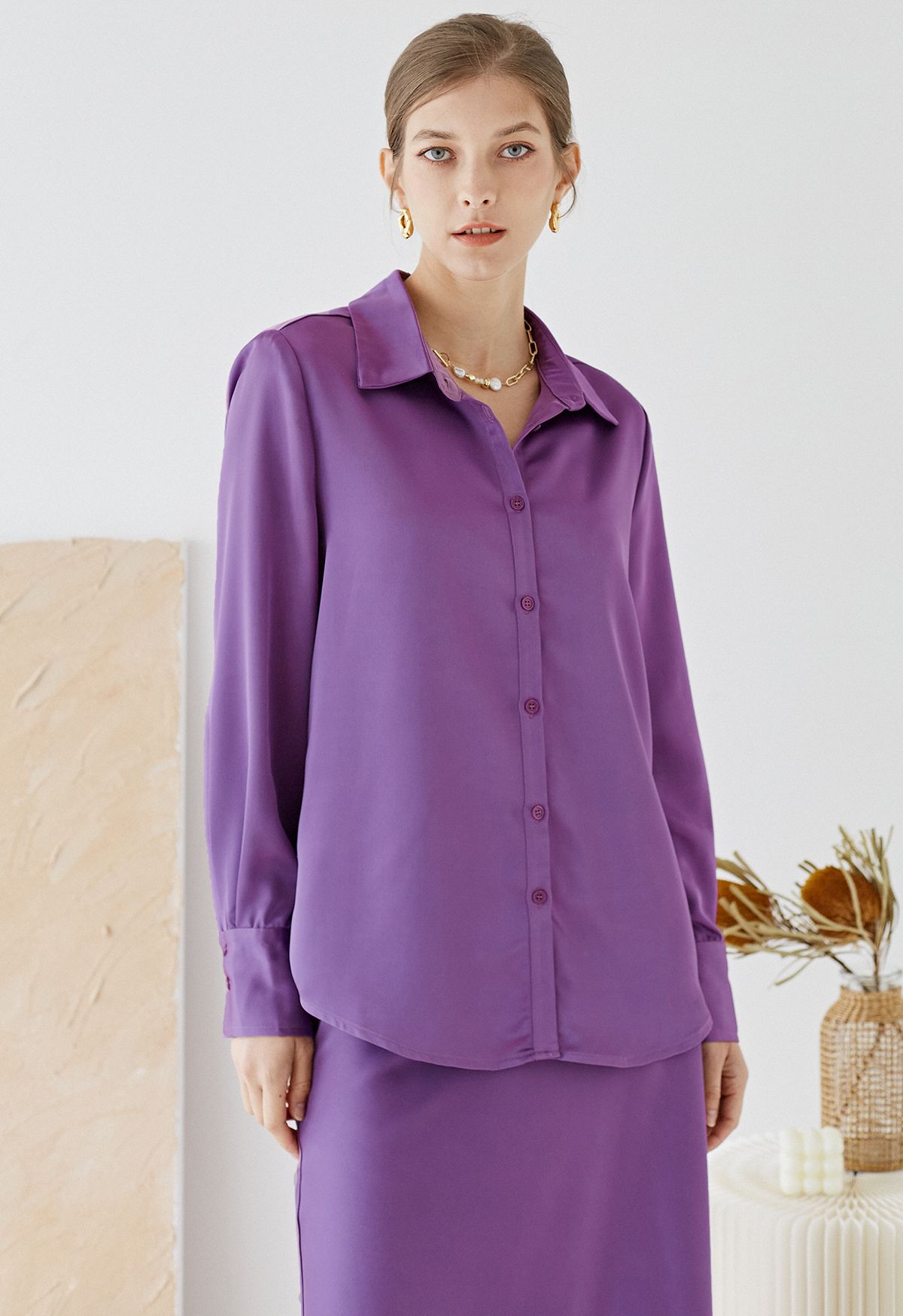 Satin Finish Button Up Shirt in Purple