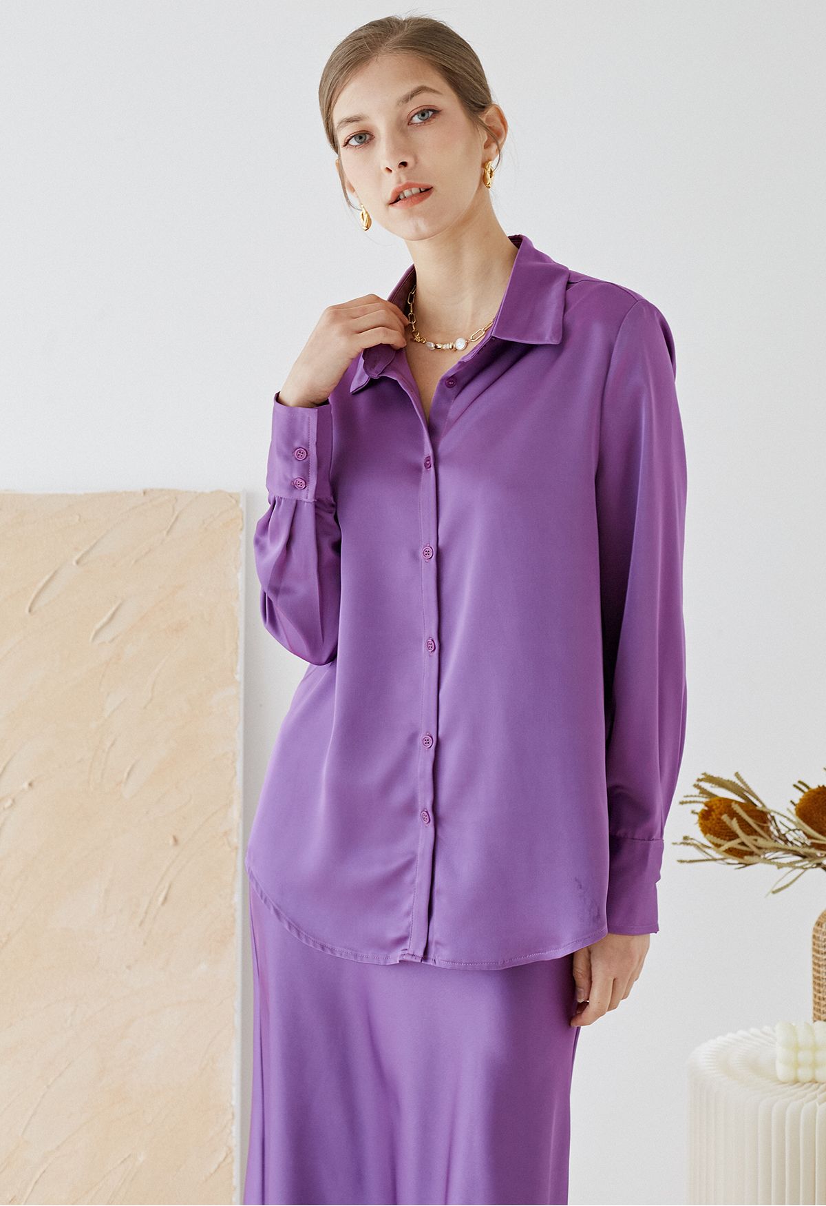 Satin Finish Button Up Shirt in Purple