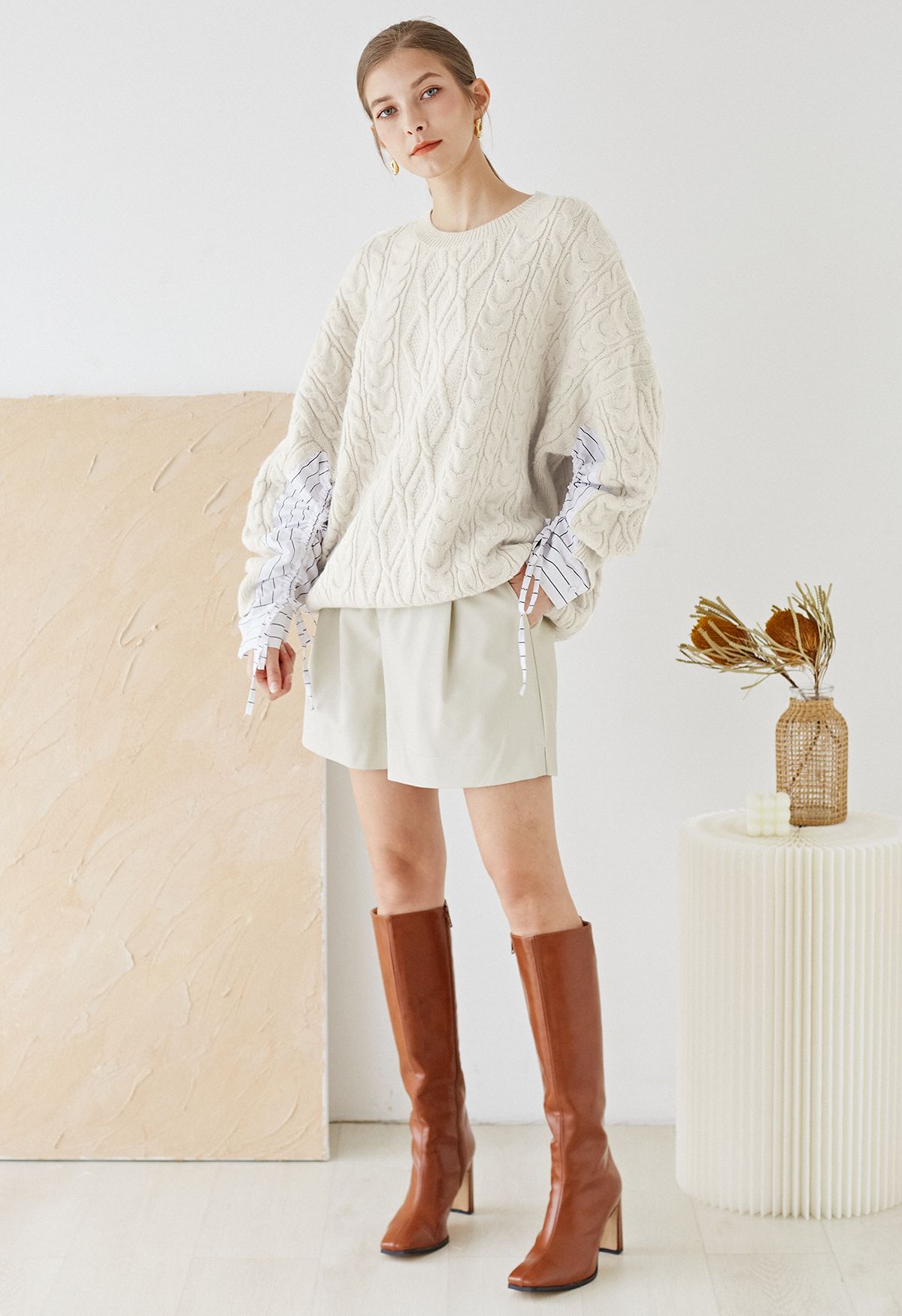 Splicing Cuffs Braided Knit Sweater in Cream