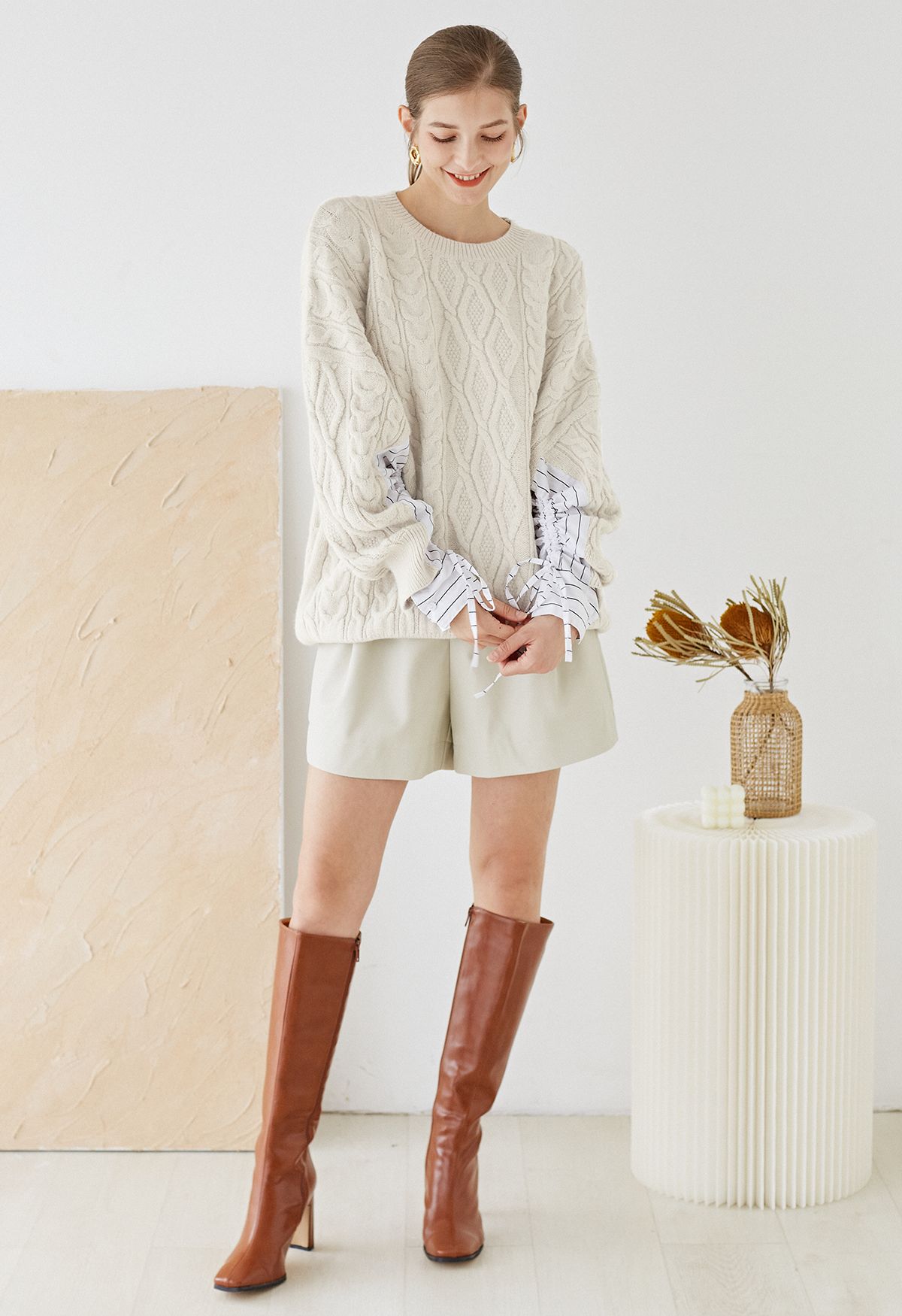 Splicing Cuffs Braided Knit Sweater in Cream