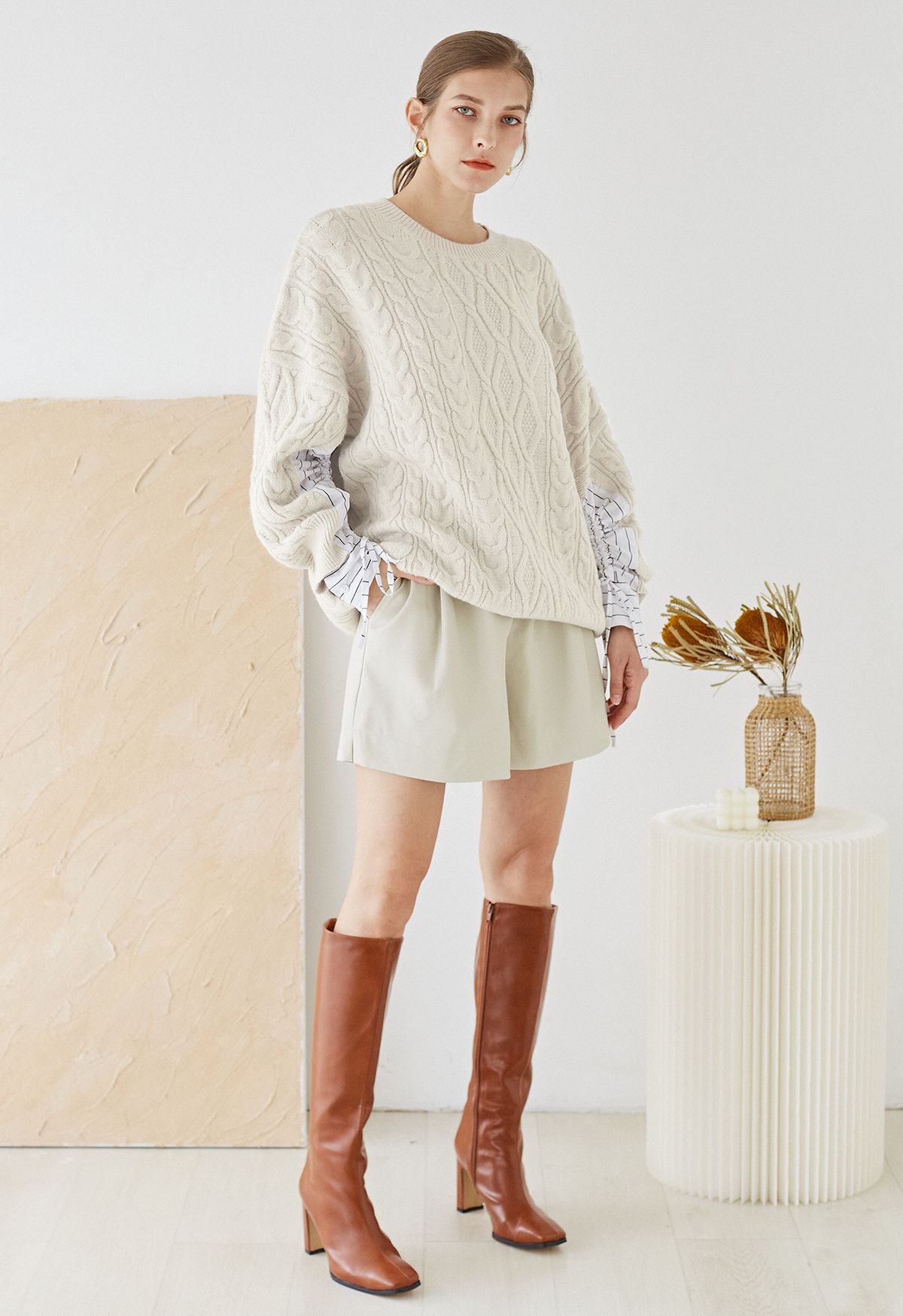 Splicing Cuffs Braided Knit Sweater in Cream