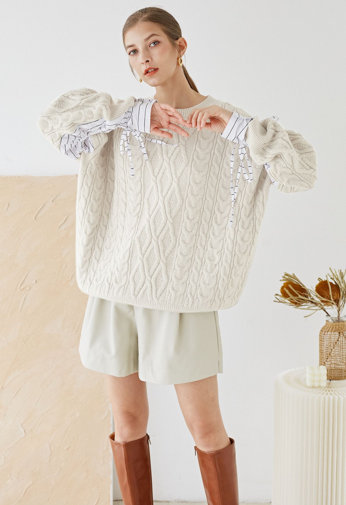 Splicing Cuffs Braided Knit Sweater in Cream