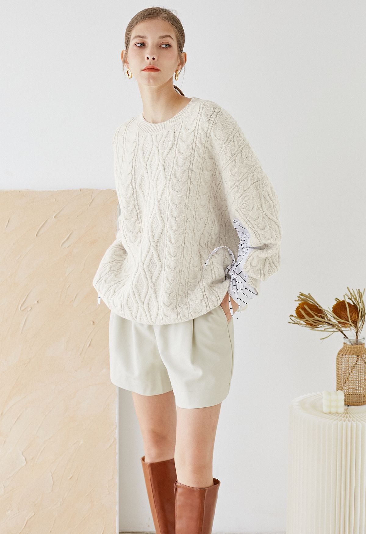 Splicing Cuffs Braided Knit Sweater in Cream