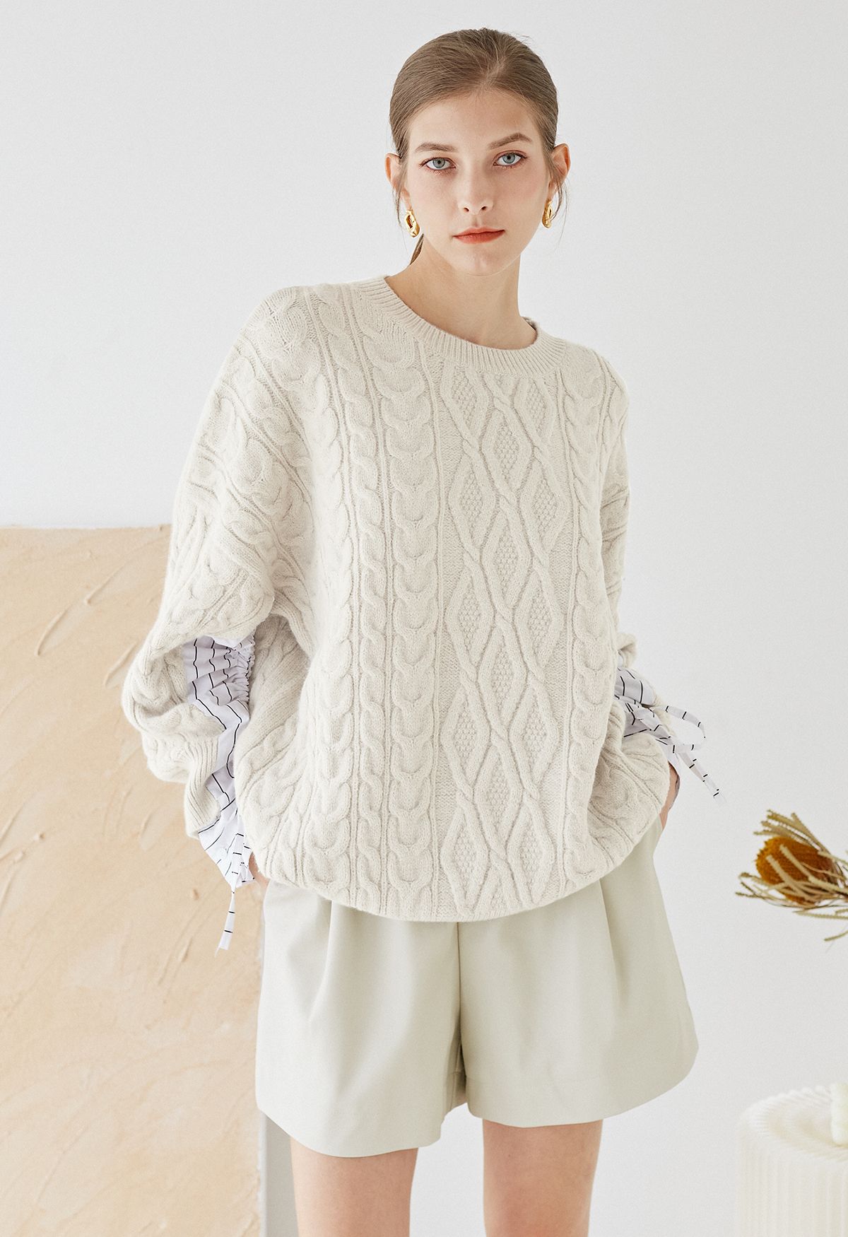 Splicing Cuffs Braided Knit Sweater in Cream