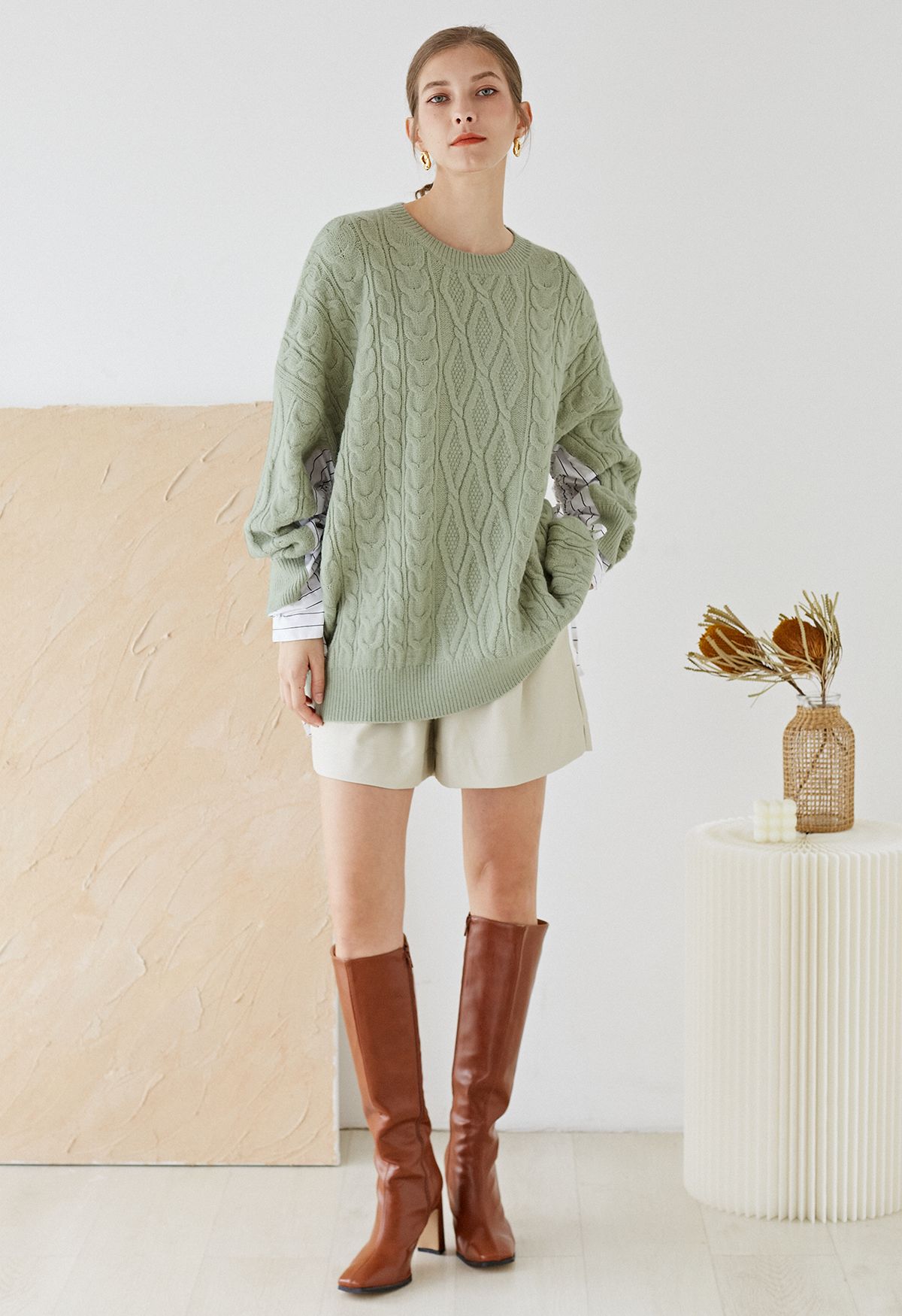 Splicing Cuffs Braided Knit Sweater in Pea Green