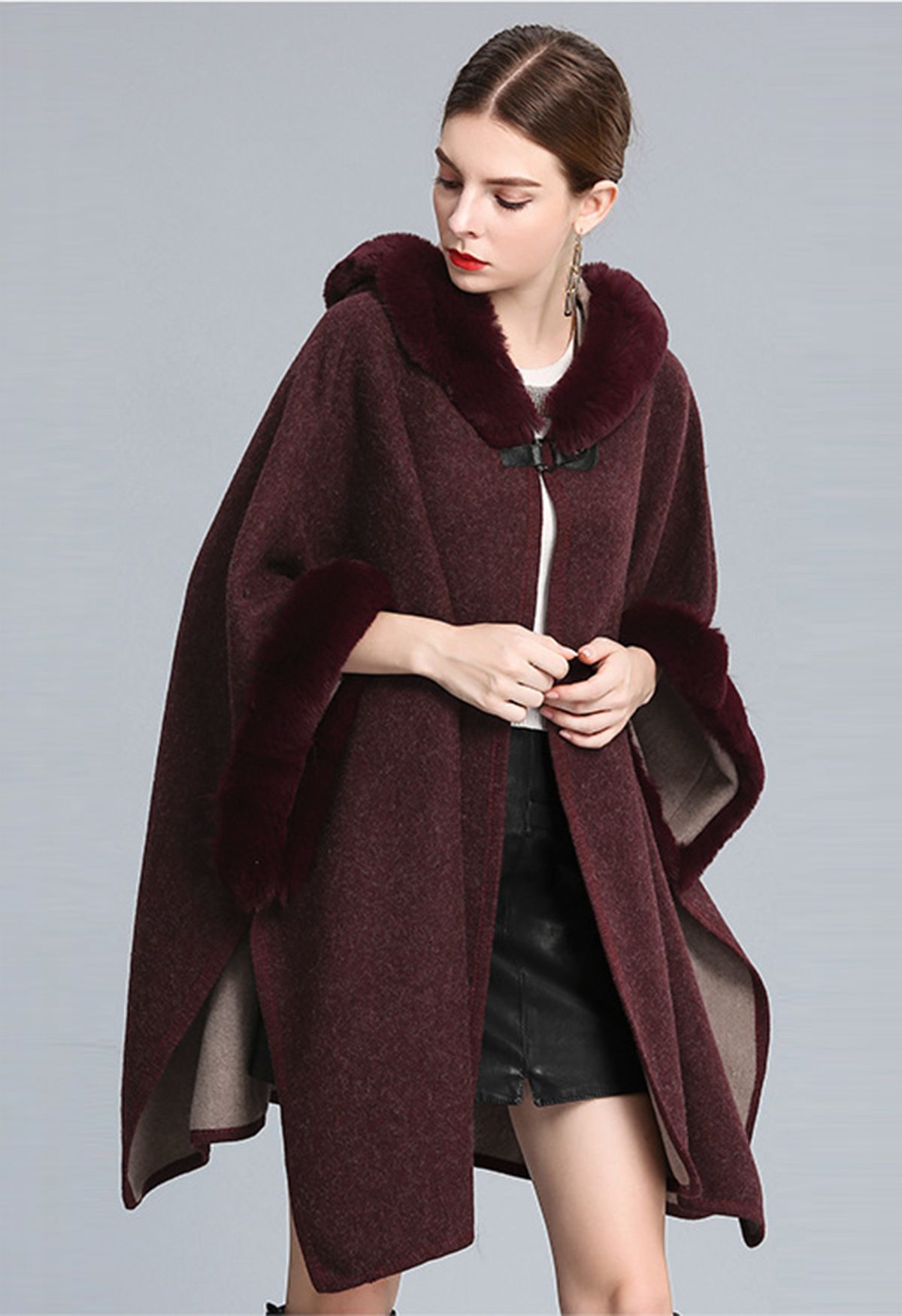 Cozy Faux Fur Hooded Poncho in Burgundy - Retro, Indie and Unique Fashion