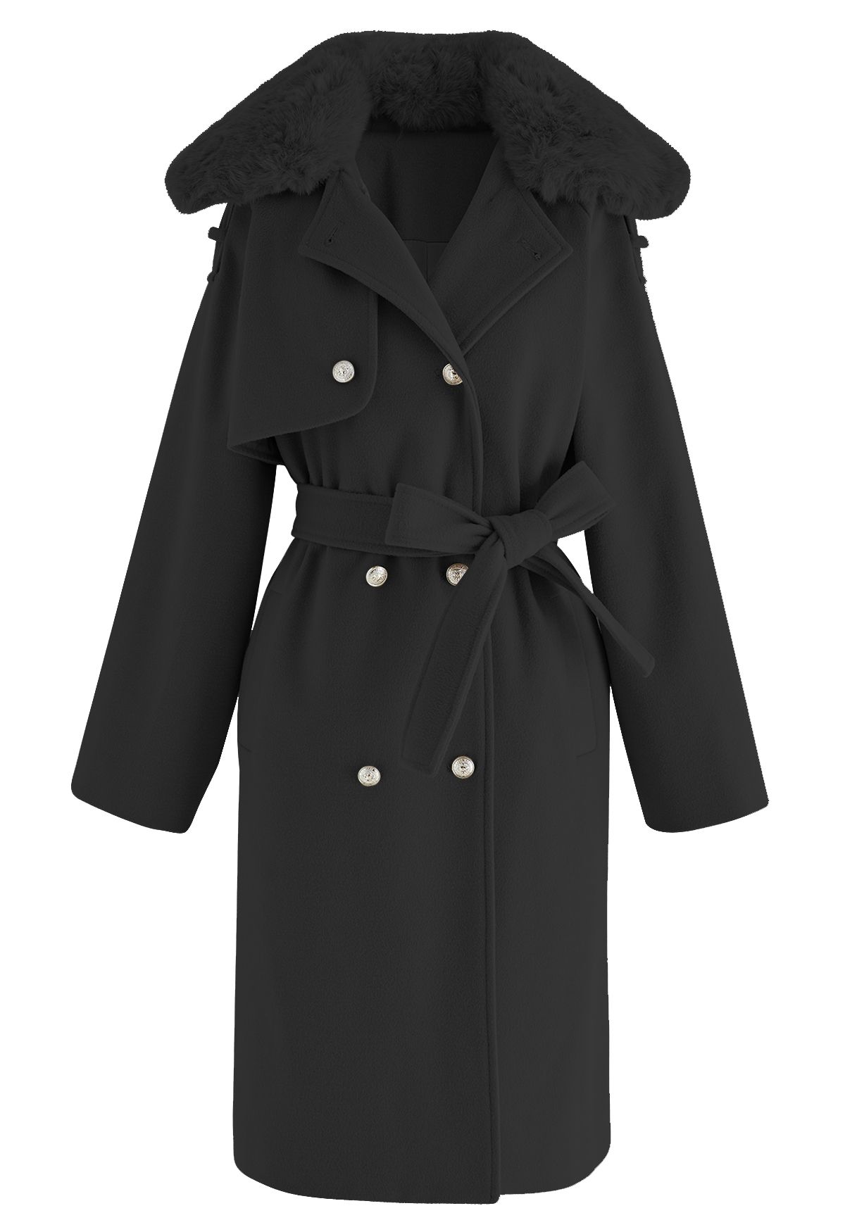 Faux Fur Collar Double Breasted Belted Coat in Black