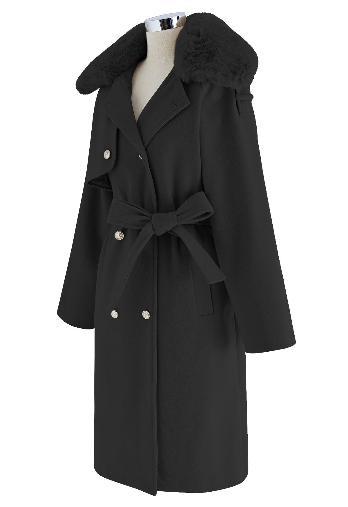 Faux Fur Collar Double Breasted Belted Coat in Black