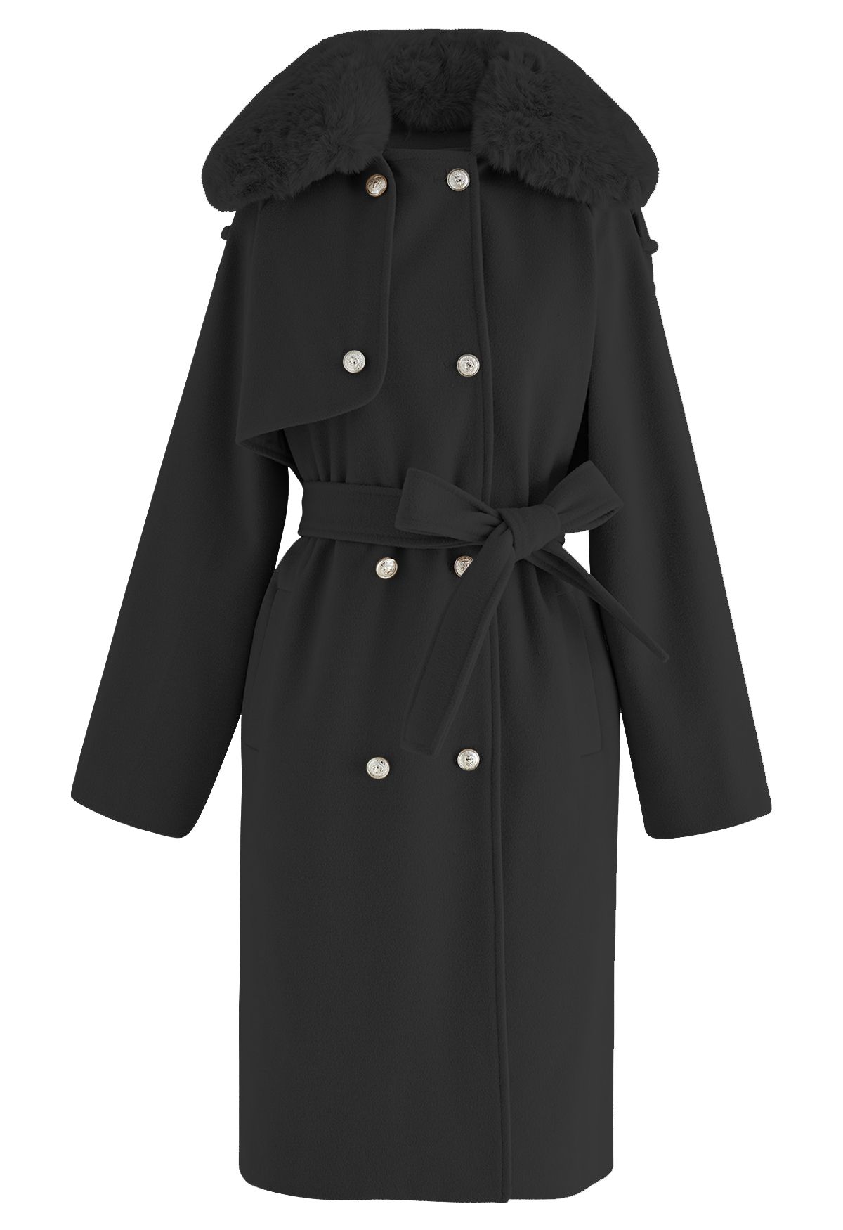 Faux Fur Collar Double Breasted Belted Coat in Black