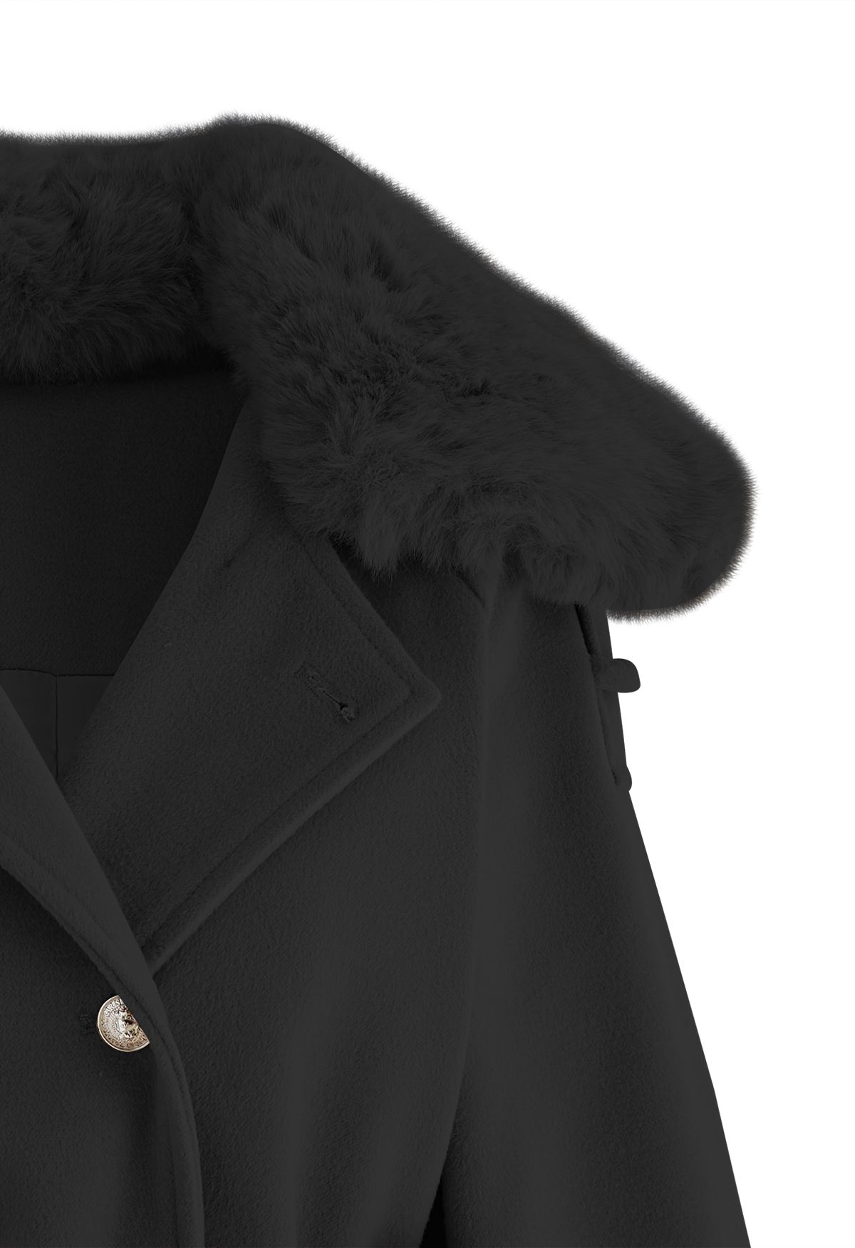 Faux Fur Collar Double Breasted Belted Coat in Black