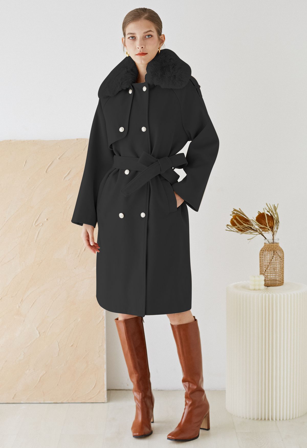 Faux Fur Collar Double Breasted Belted Coat in Black