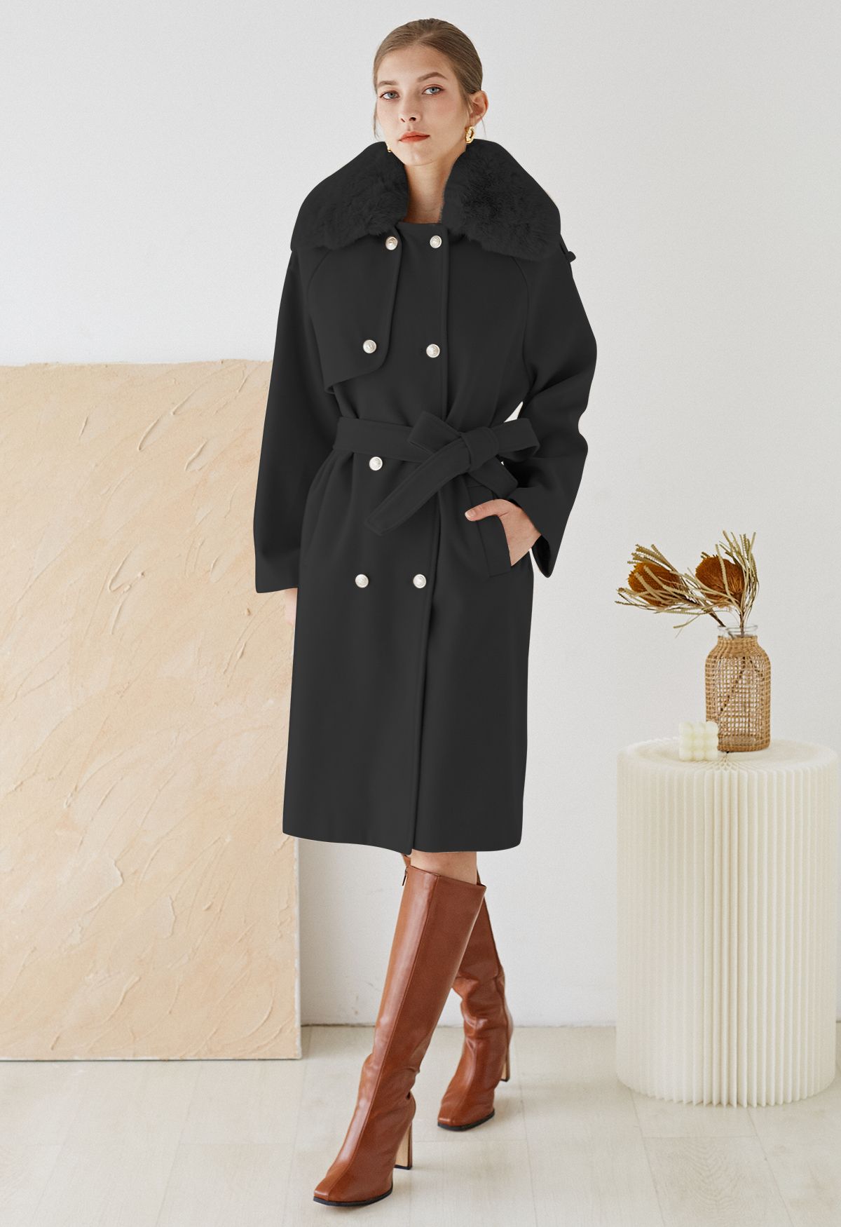 Faux Fur Collar Double Breasted Belted Coat in Black