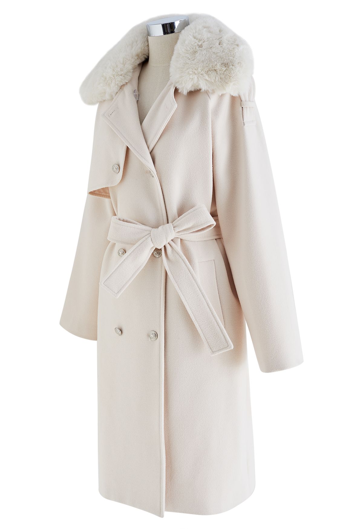 Faux Fur Collar Double Breasted Belted Coat in Cream - Retro, Indie and ...