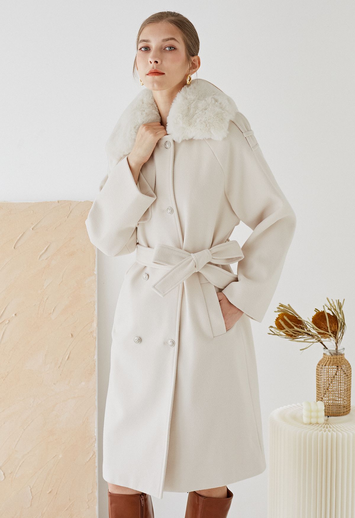Faux Fur Collar Double Breasted Belted Coat in Cream - Retro, Indie and ...