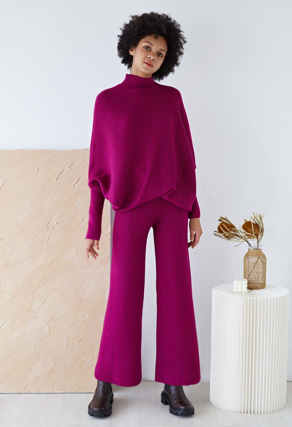 Asymmetric Batwing Sleeve Sweater and Pants Knit Set in Magenta - Retro ...