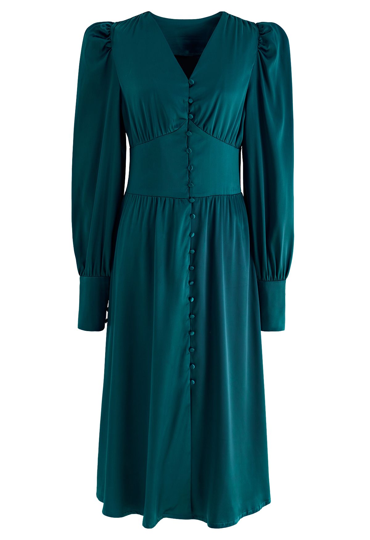 Puff Sleeves Button Up Satin Midi Dress in Emerald - Retro, Indie and ...