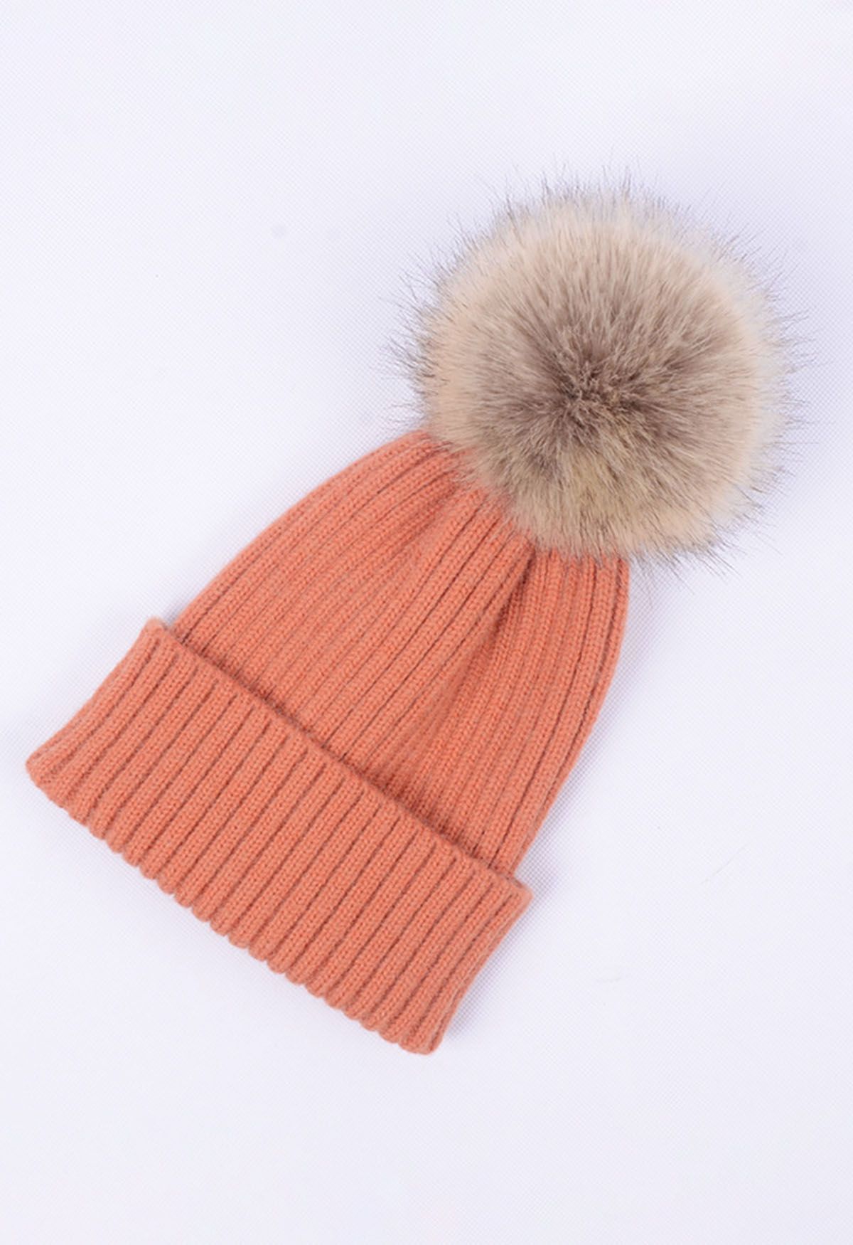 Pom-Pom Ribbed Knit Beanie Hat in Coral