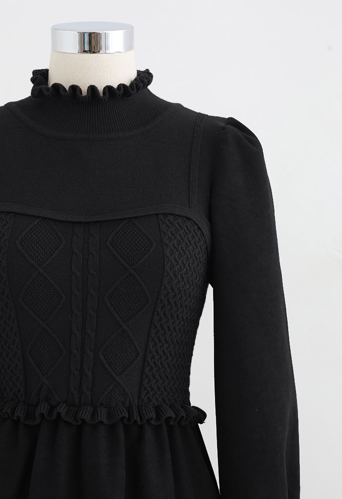 Ruffle Diamond Knit Spliced Midi Dress in Black - Retro, Indie and ...