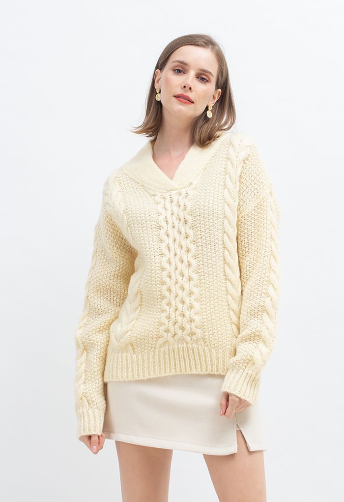 Blue&Cream Amber Cable V Neck Sweater - Bright Yellow
