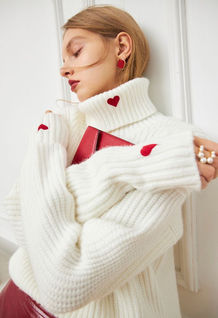 Embroidered Red Heart Turtleneck Crop Sweater in White - Retro, Indie and  Unique Fashion