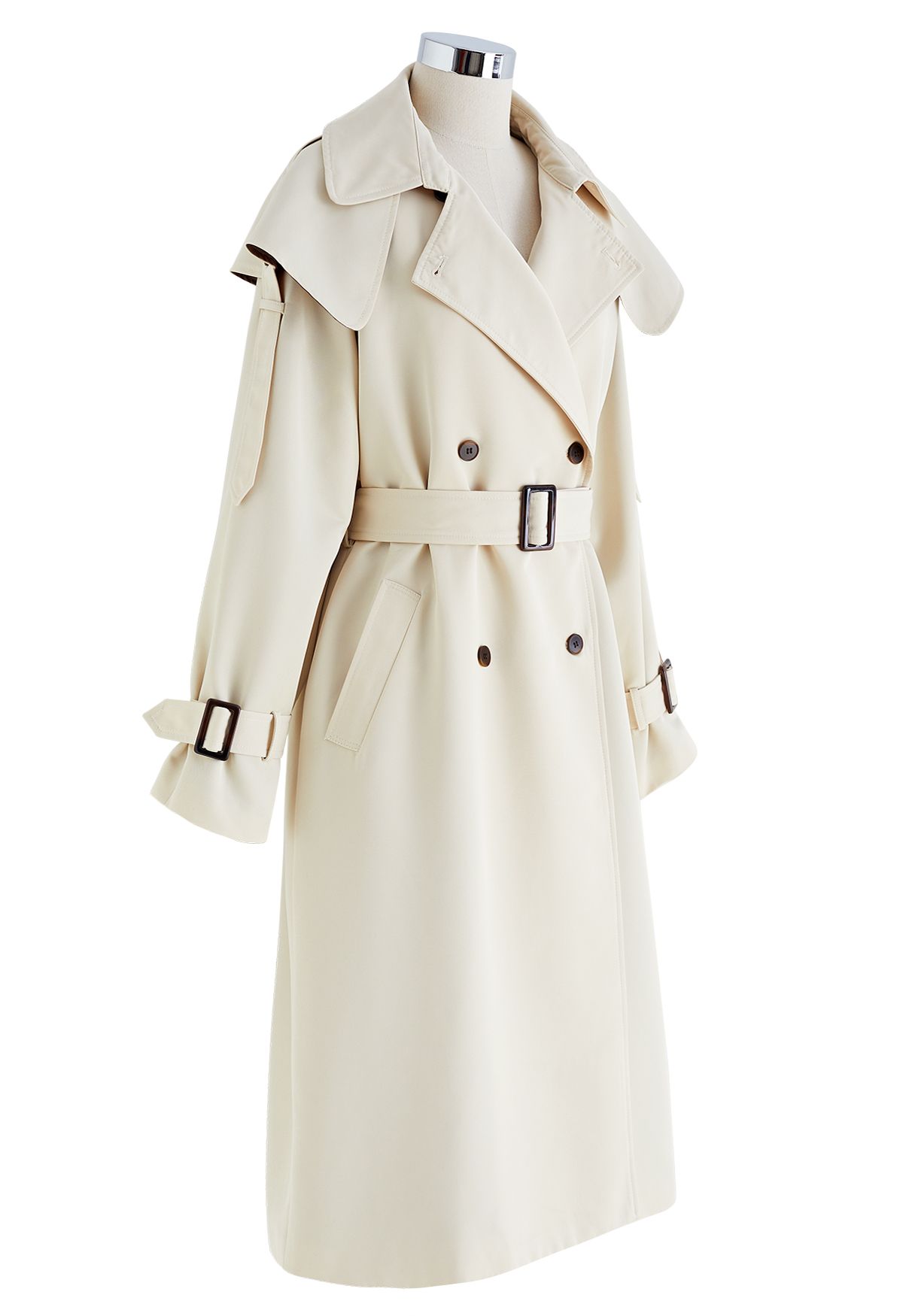 Storm Flap Double-Breasted Belted Trench Coat in Cream