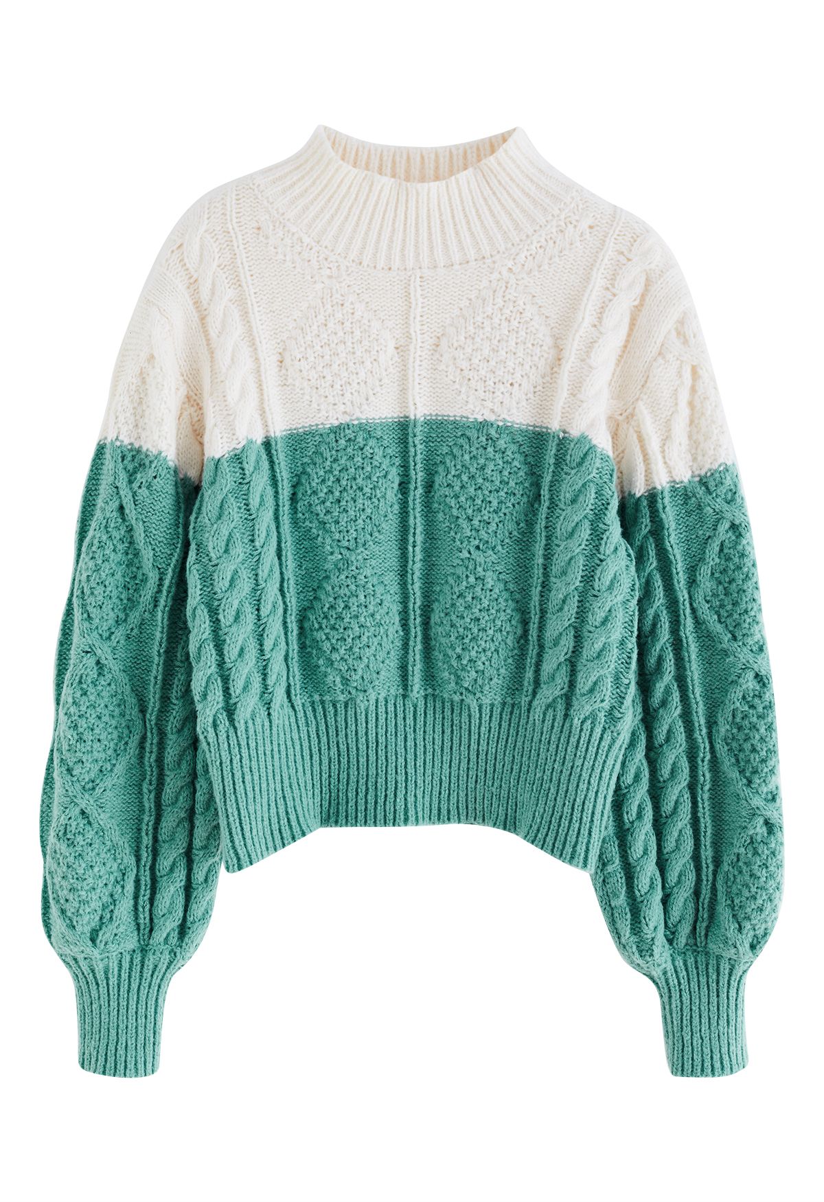 Two-Tone Diamond Braided Knit Sweater in Green