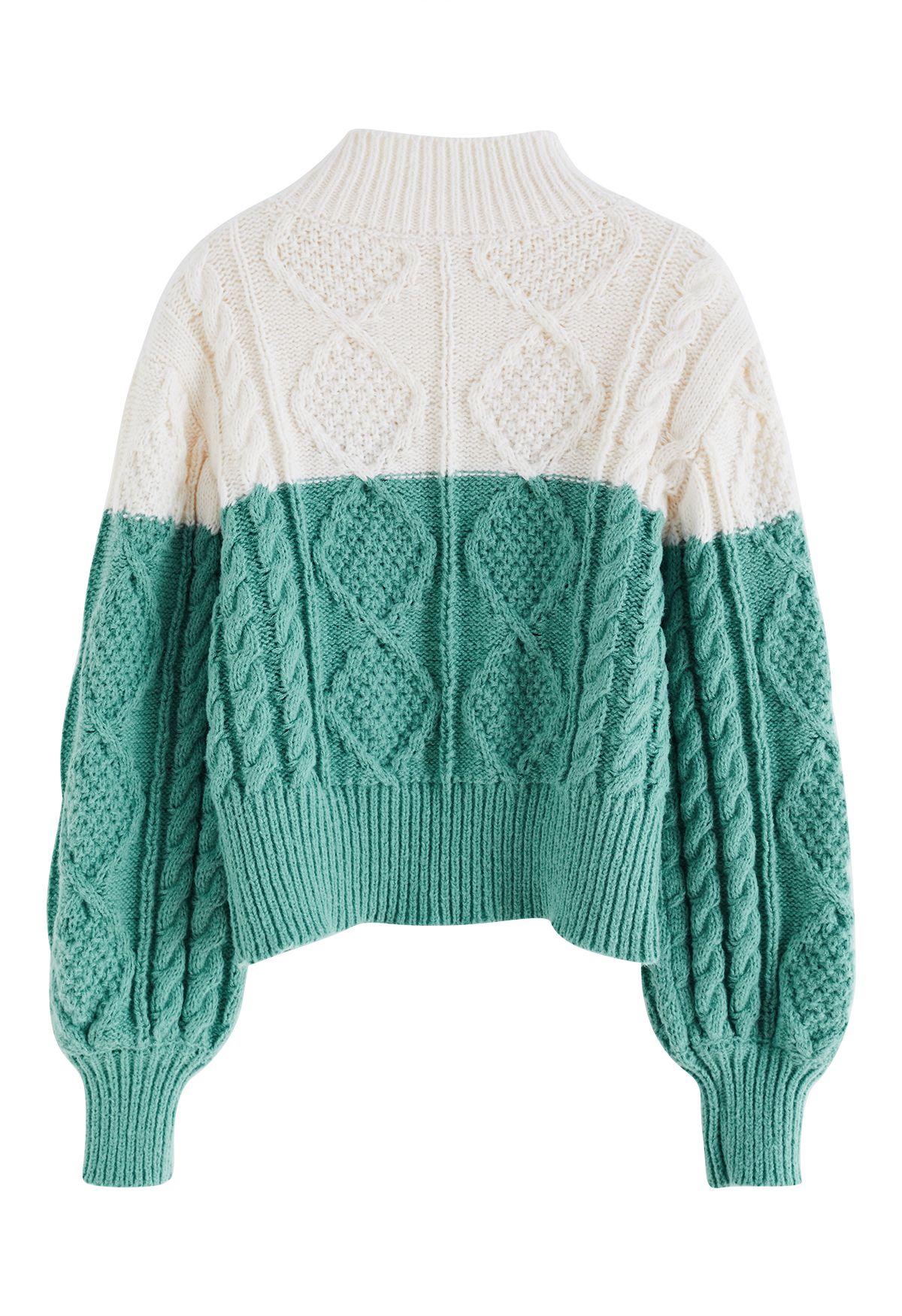 Two-Tone Diamond Braided Knit Sweater in Green