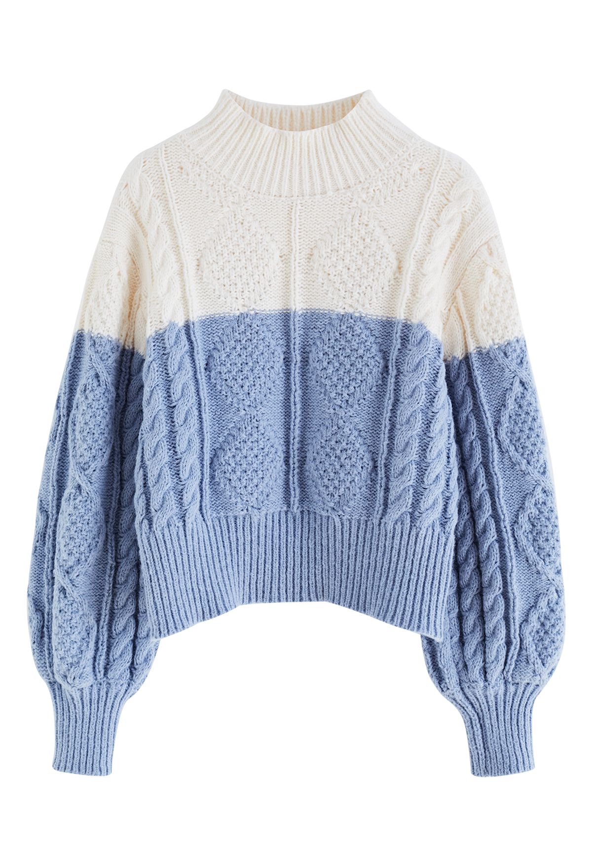 Two-Tone Diamond Braided Knit Sweater in Blue