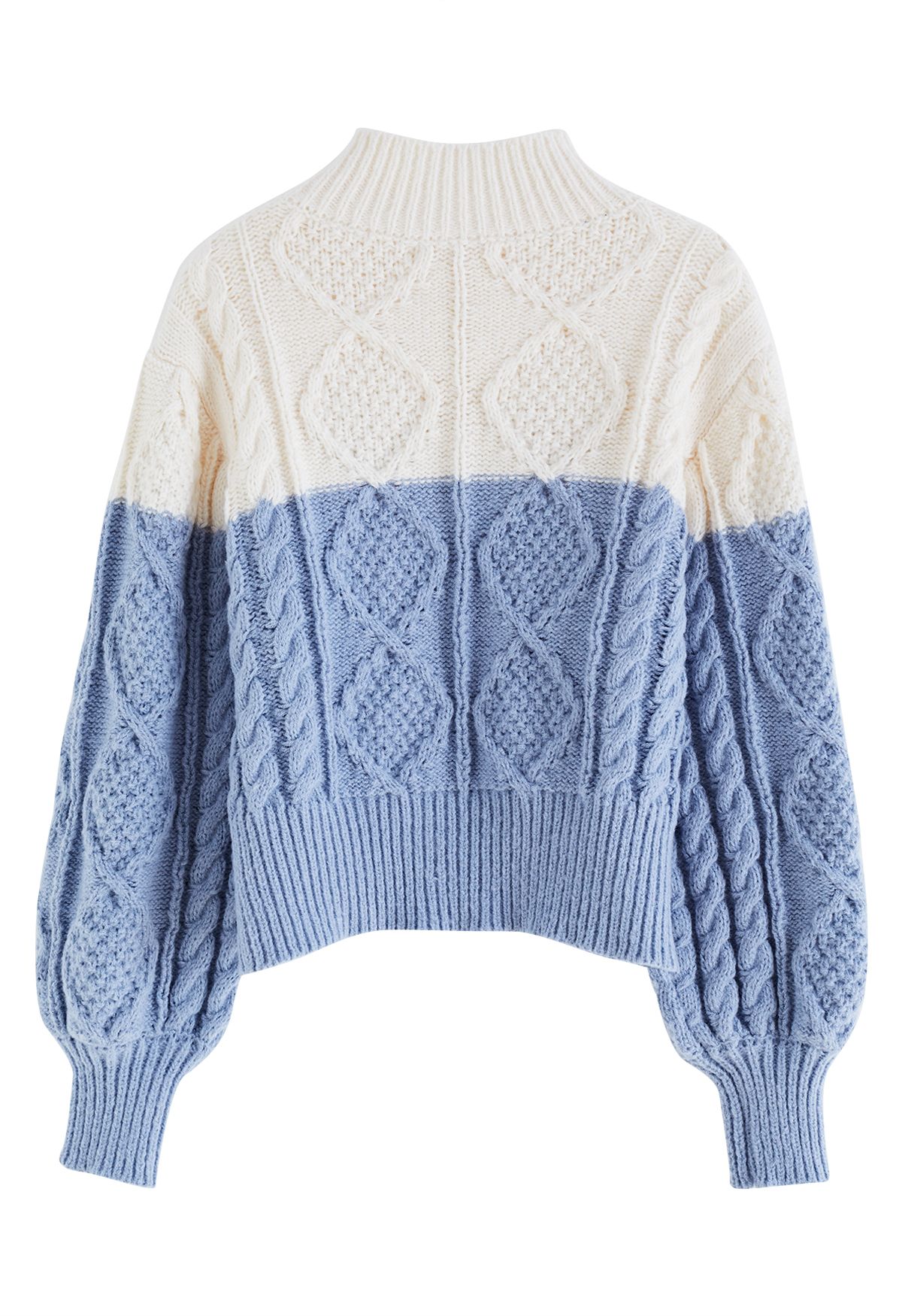 Two-Tone Diamond Braided Knit Sweater in Blue