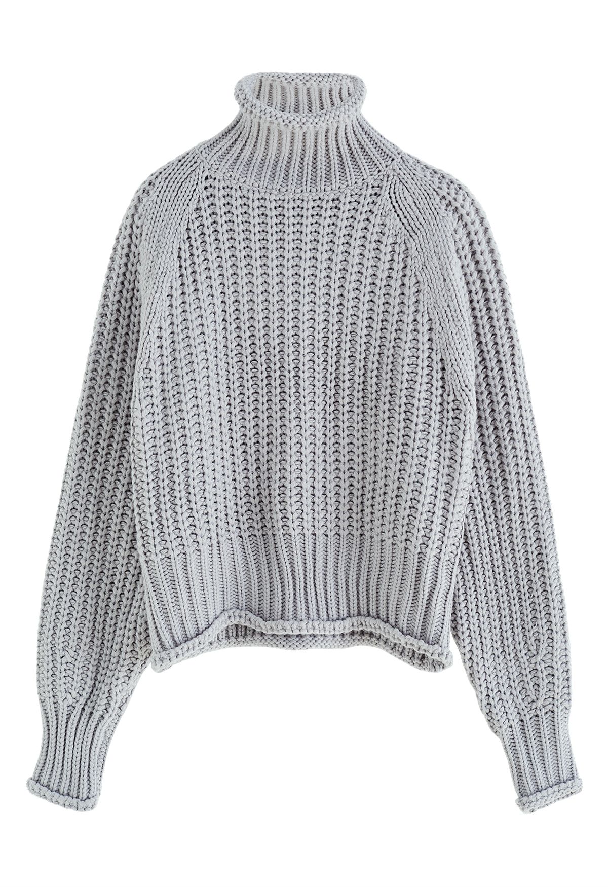 High Neck Chunky Knit Sweater in Grey