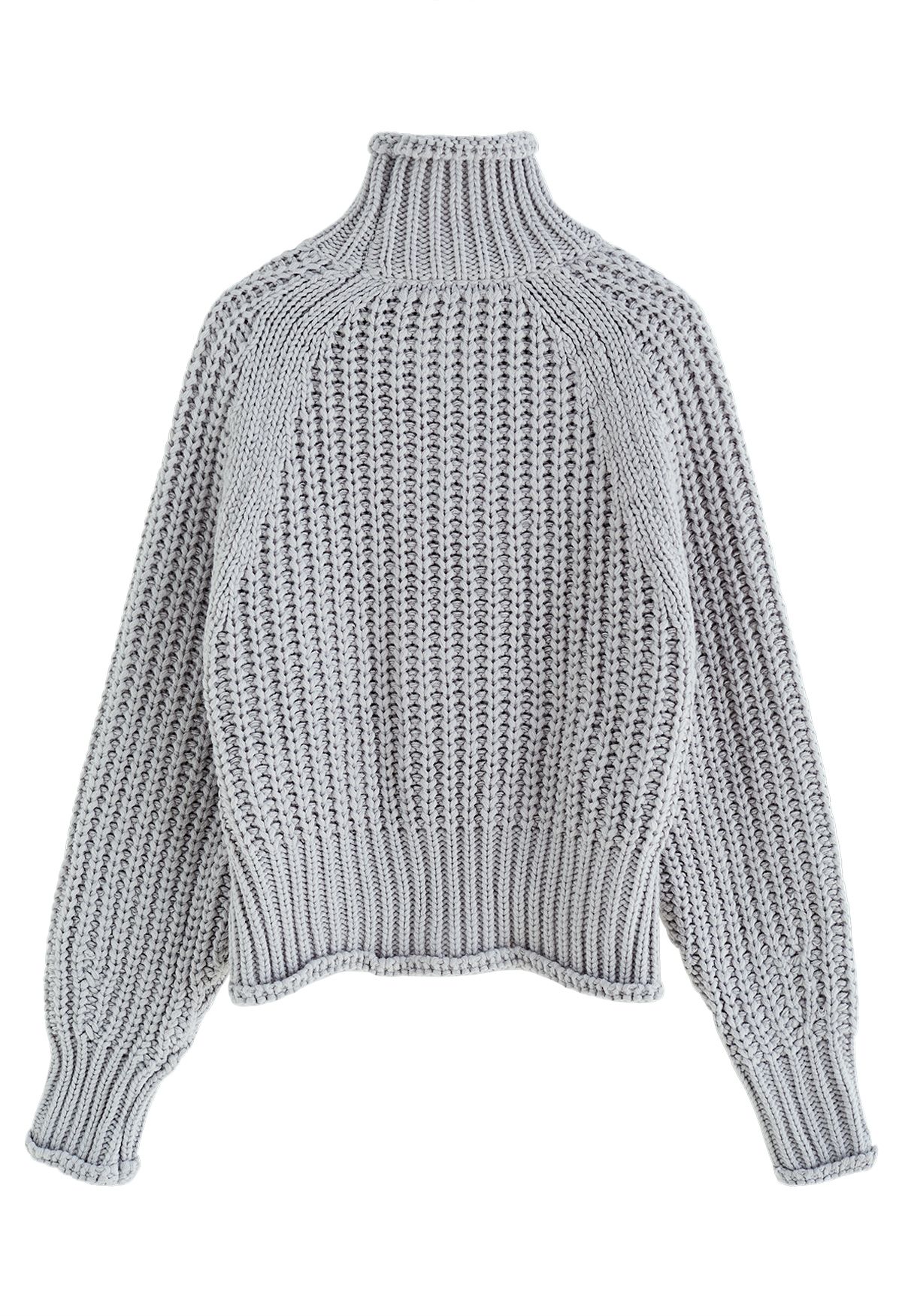 High Neck Chunky Knit Sweater in Grey