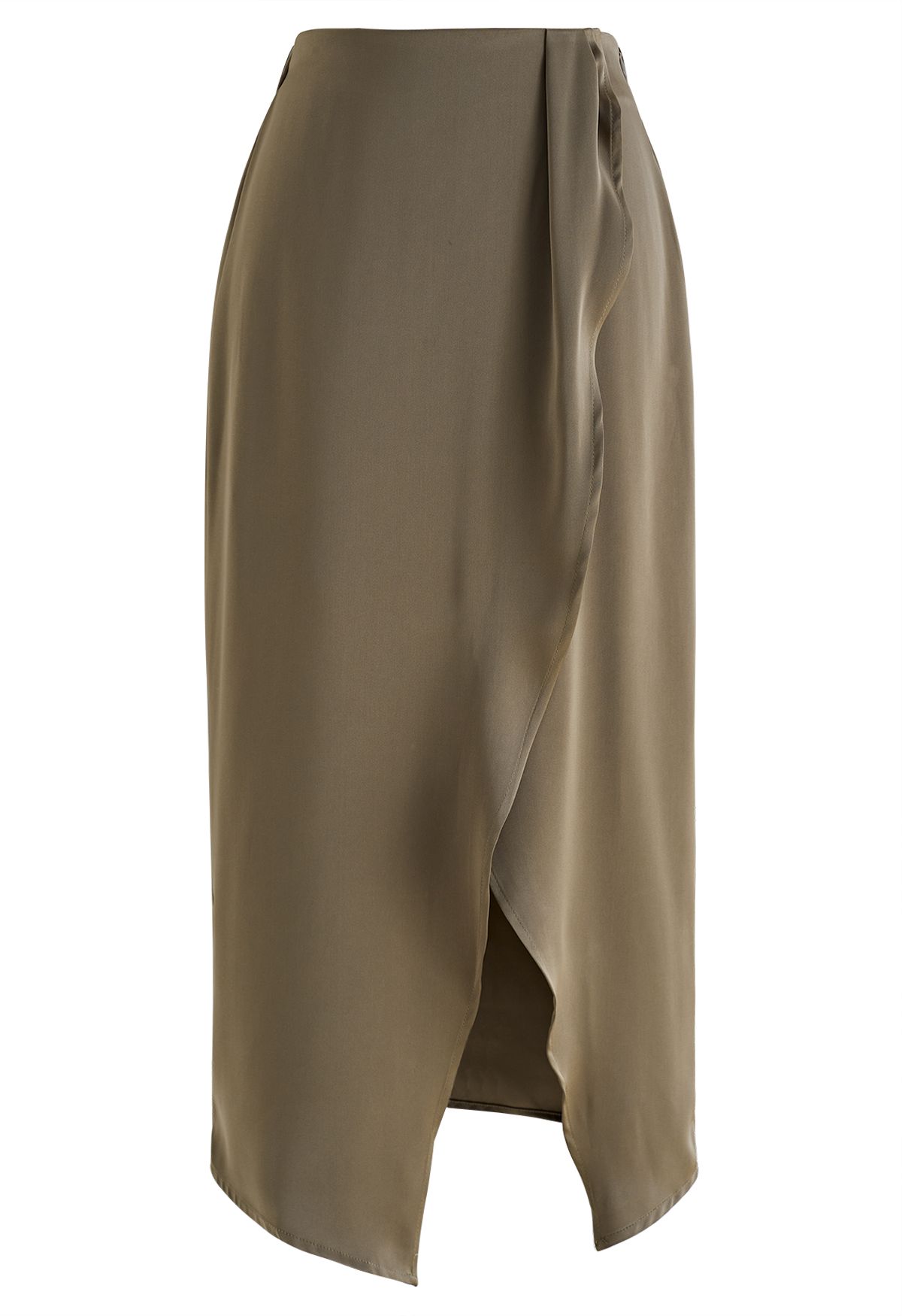 Front Slit Satin Midi Skirt in Sage