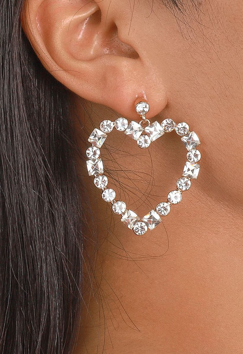 Hollow Out Heart Rhinestone Earrings - Retro, Indie and Unique Fashion